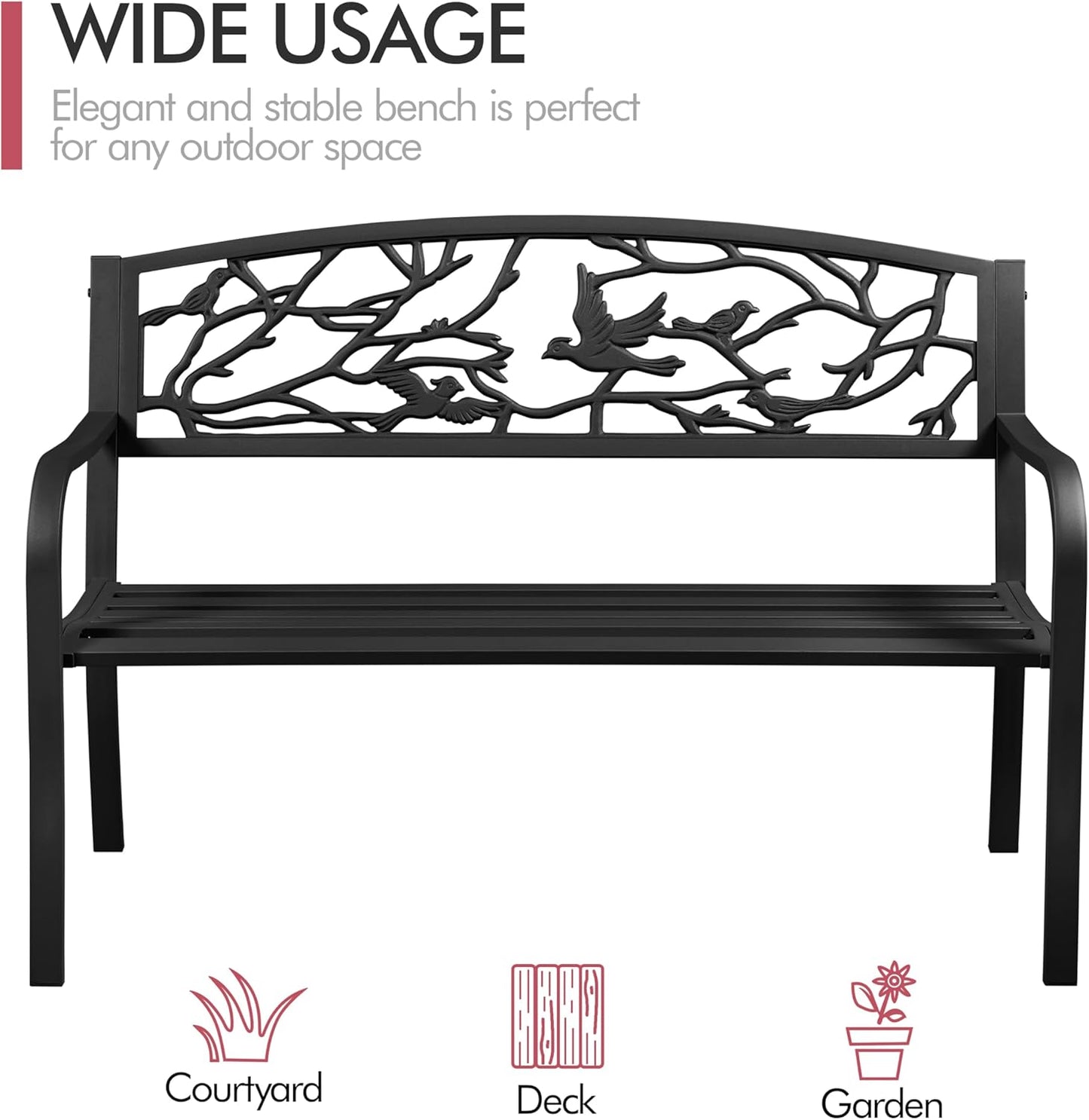 Yaheetech Outdoor Garden Bench Patio Furniture Chair Outdoor with Vintage Bird Pattern Backrest, Slatted Seat, Antique Metal Bench for Yard & Porch & Park, Black