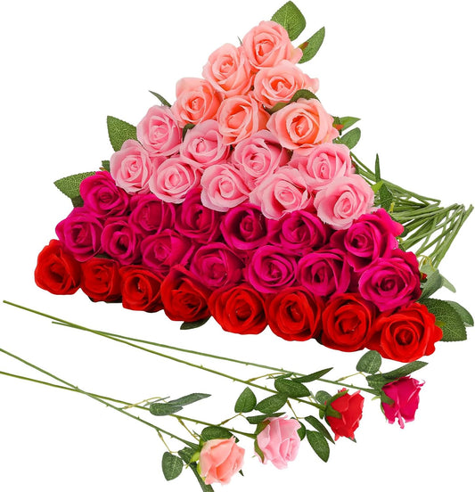 36 Pcs Mixed Pink Red Artificial Roses with Long Stems, Fake Silk Rose Artificial Flowers Bulk for Bridal Wedding Bouquet Centerpiece Ball Arrangement Party Decor