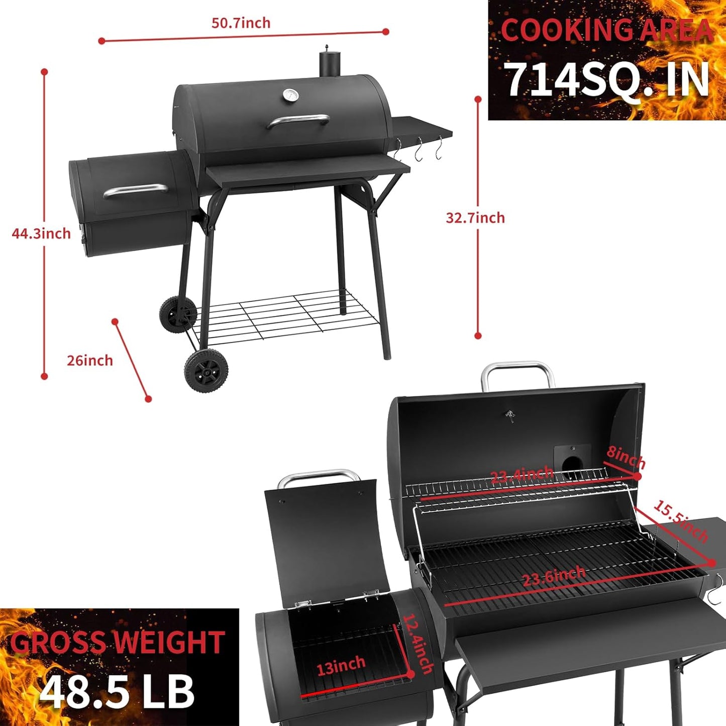 Barrel Charcoal Grill with offset smoker, 714 Square Inches Cooking Area, Outdoor BBQ Grill with Front and Side Shelf, Perfect for Backyard, Patio Parties and Picnics