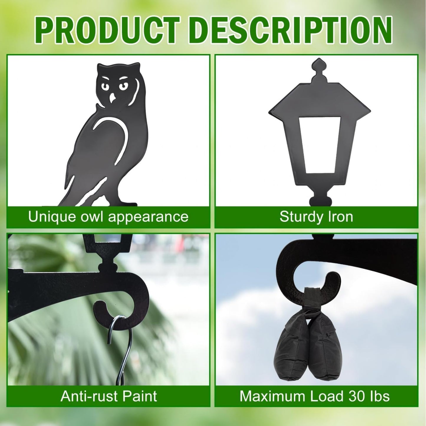 Iron Plant Hangers Outdoor, Metal Plant Hooks for Hanging Baskets, Bird Feeders, Lanterns, Flower Pots, Wall Mount Hanging Plant Holder (Owl & Street Light)