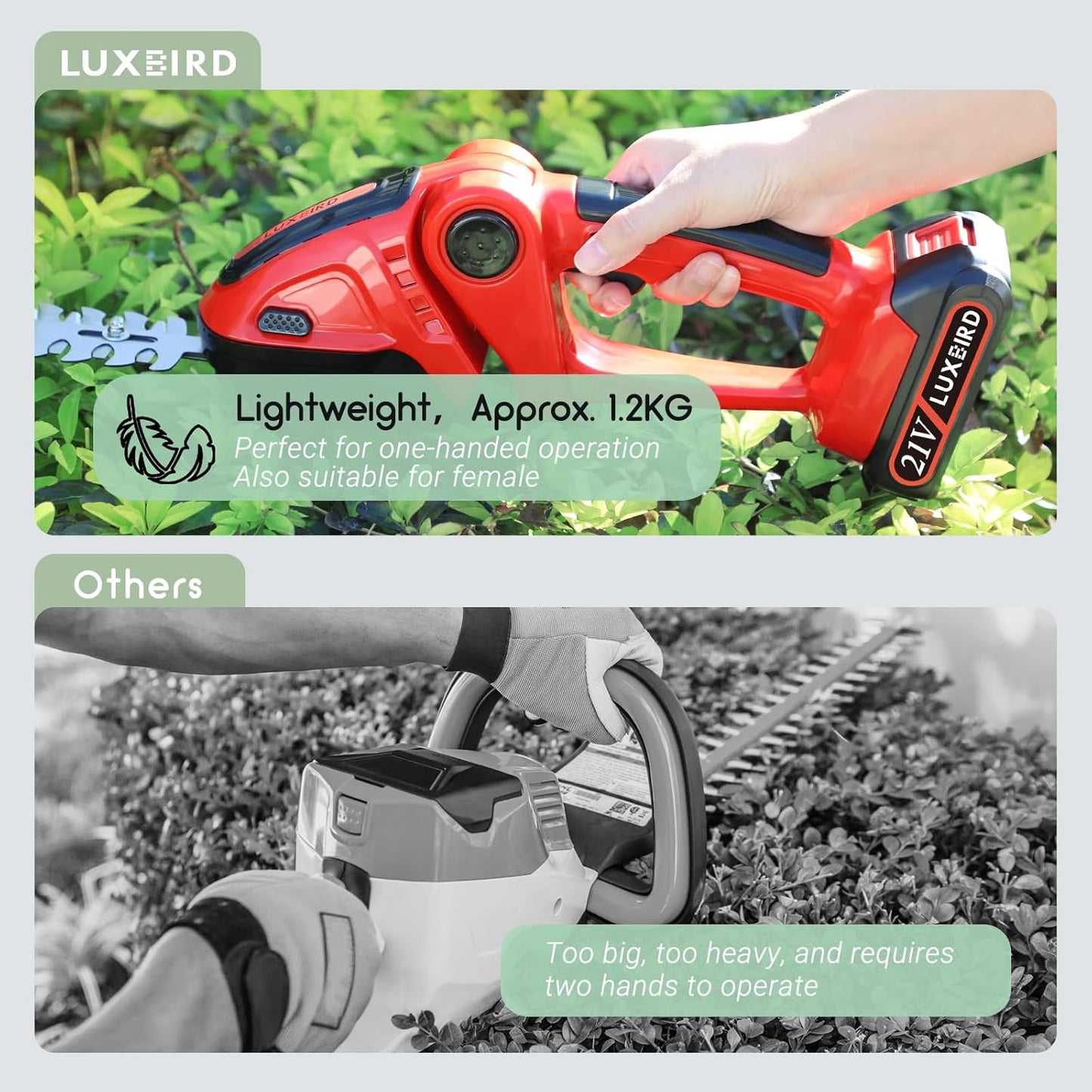 LUXBIRD Cordless Grass Shears, 2-in-1 Mini Hedge Trimmer Cordless,Light Handheld Grass Trimmer, Electric Shrub Trimmer with 2Pcs Rechargeable Batteries