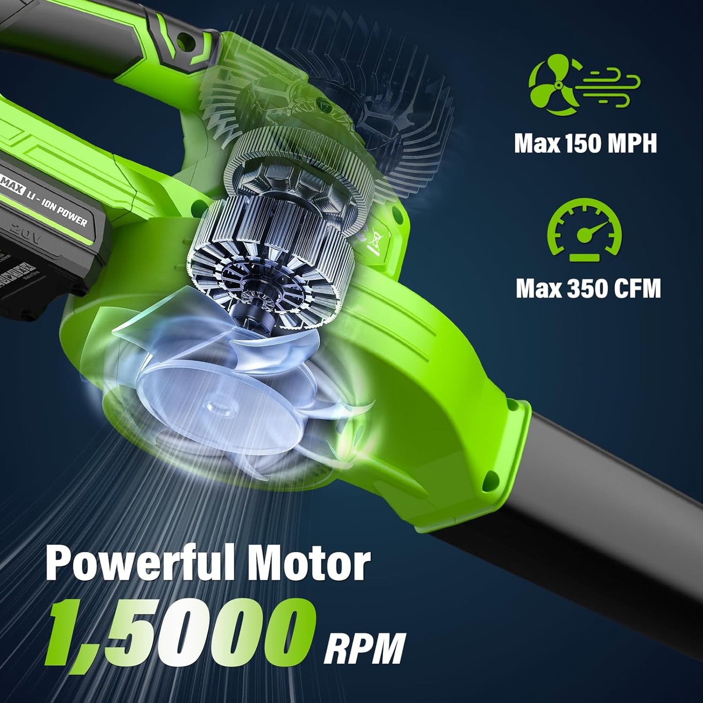 SEYVUM Cordless Leaf Blower, 20V Blower with 2 X 2.0 Ah Battery, Electric Blower for Lawn Care, 350 CFM 150 MPH Battery Powered Leaf Blower with Charger, for Patio, Garden Cleaning, Green