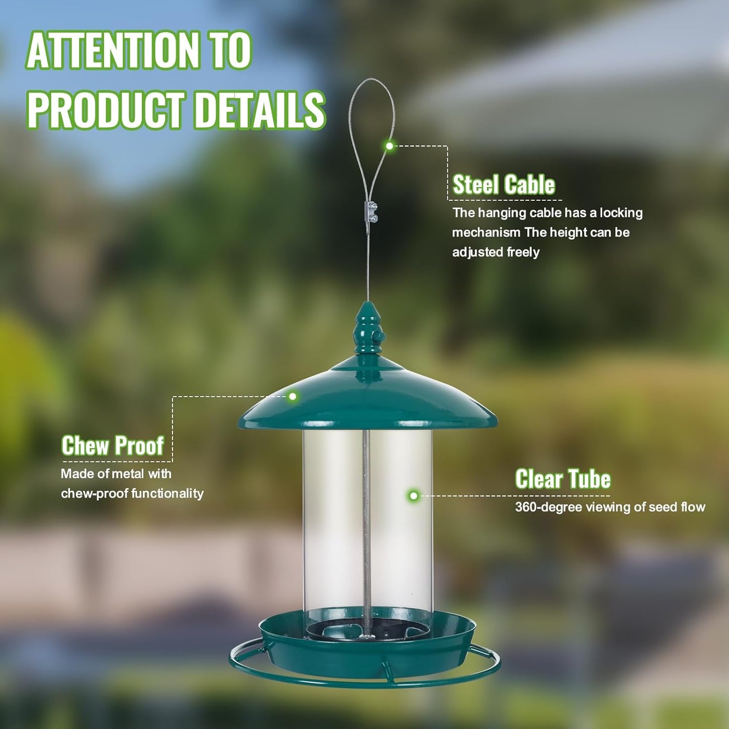 Metal Bird Feeder for Outside Hanging,Wild Bird Feeders for Cardinal, Large Roof and Tray - 6 Port