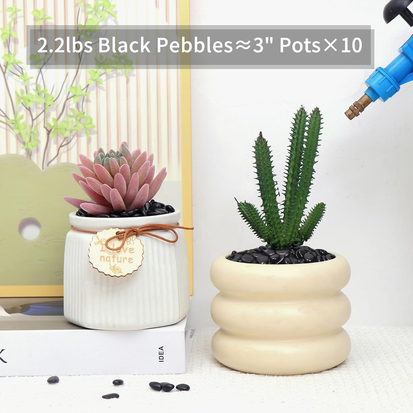 2.2LB Black Pebbles for Indoor Plants, Vases, Succulent, 3/8 Inch Small Black Rocks for Plants, Polished & Decorative