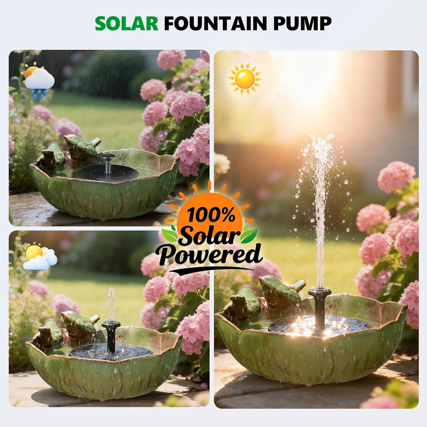 Solar Fountain Ceramic Bird Bath for Outdoors Hummingbird Solar Bubbler Fountain with Ground Ceramic Bird Baths Bowl for Outside, Large Table Top Garden Décor for Patio, Yard & Home