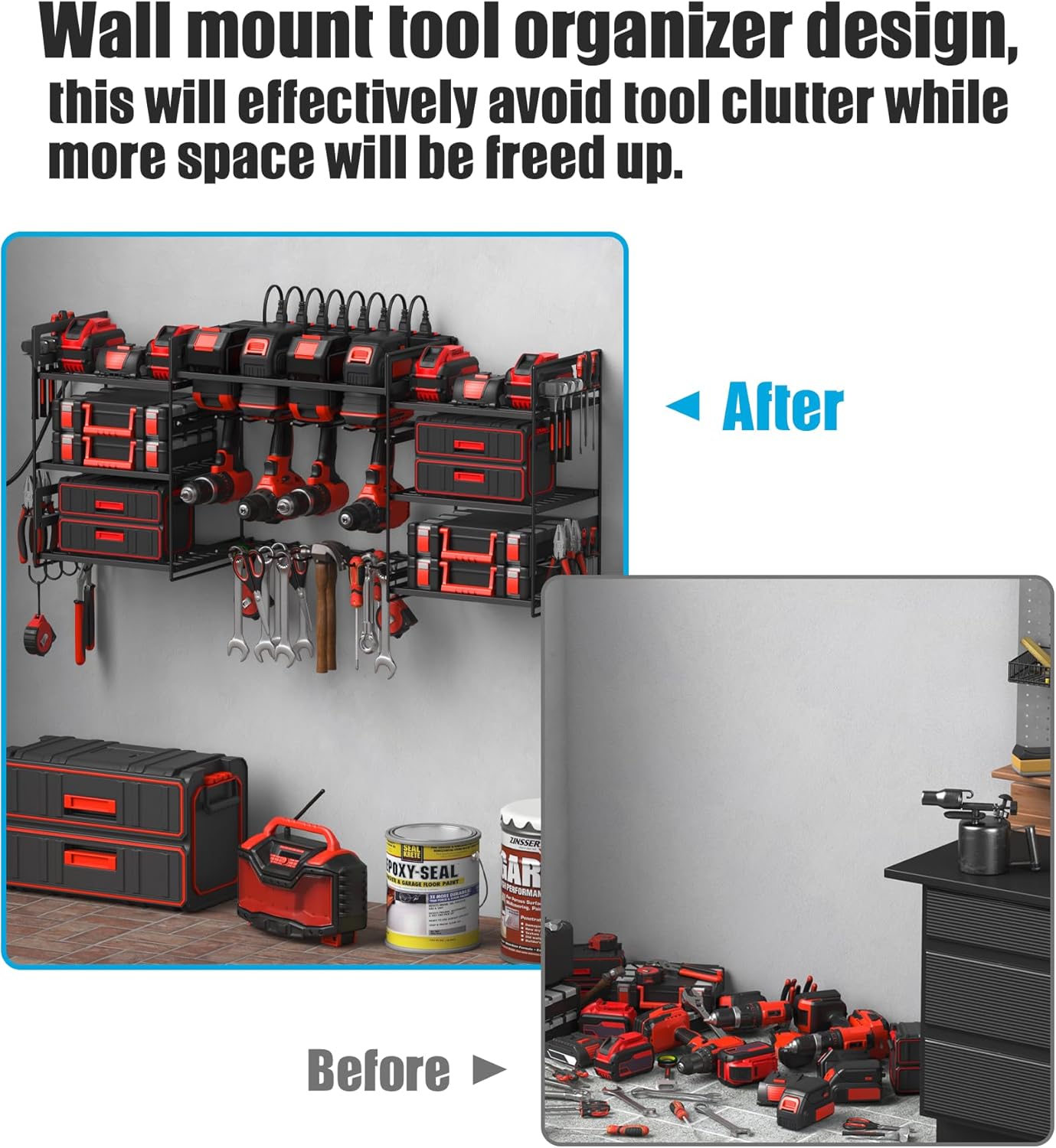 CCCEI Black Power Tool Organizer Wall Mount, Large Tools and Battery Storage Rack Charging Station Individual Switches. Drills Holder, Garage Utility Shelves with 10FT Power Strip. Gift for Men.