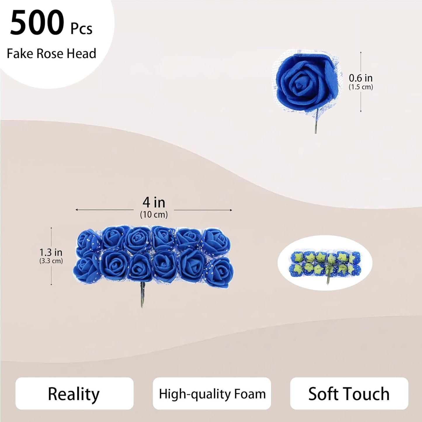 500 Pcs 0.6 Inch Mini Artificial Flowers Head Bulk 5 in 1 Set Faux Foam Fake Small Rose Tiny Baby Flores Bouquet Wreath Gift Hair Clip Home Decoration DIY Craft (Dark Blue)