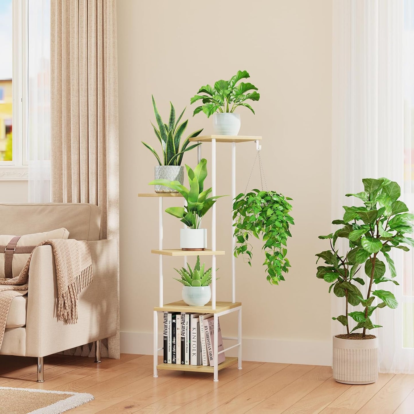 Plant Stand Indoor with Grow Light, 5-Tiered Tall Plant Stand Indoor, Metal Plant Shelf with Hanging Basket Hook and Adjustable Light, Ideal for Living Room, Garden, Patio (Maple)