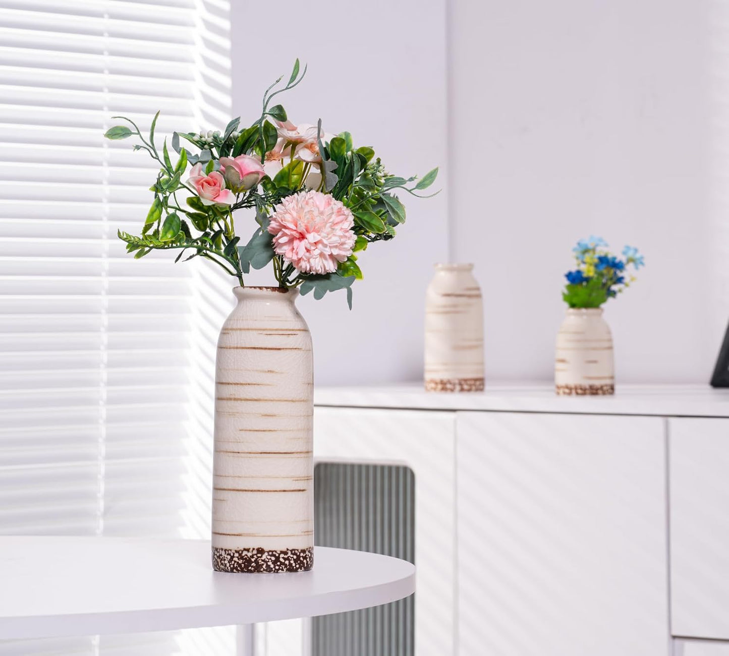Beige Ceramic Vase Set of 3, Farmhouse Decorative Vase for Pampas Grass, Living Room, Bathroom, Bookshelf, Centerpieces Beige