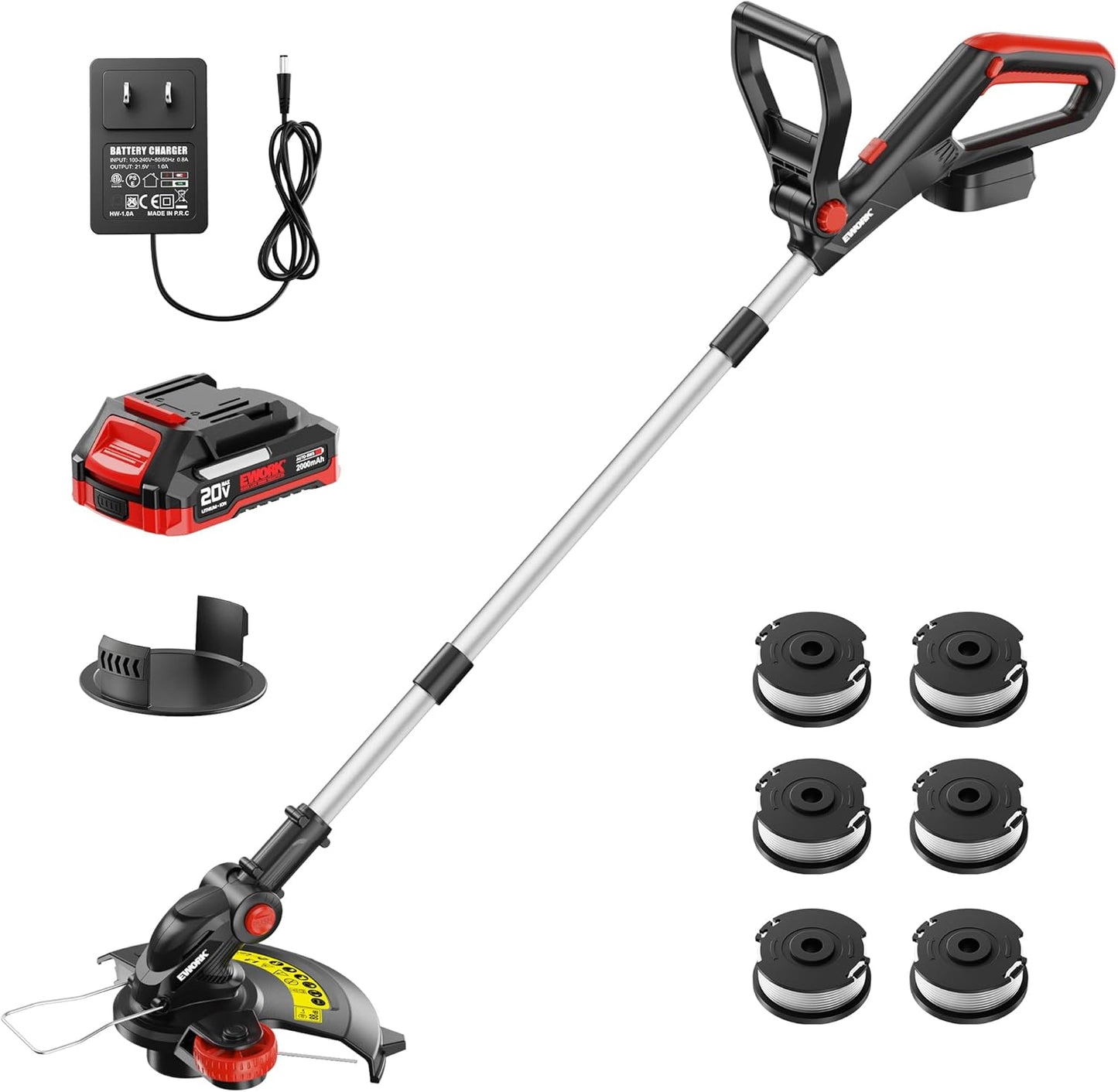 EWORK 20V Cordless String Trimmer 12-Inch Trimmer and Edger with Auto Line Feed, Electric Weed Wacker with 2.0Ah Battery and Charger & 6 Replacement Spools for Lawn, Garden, Yard, etc