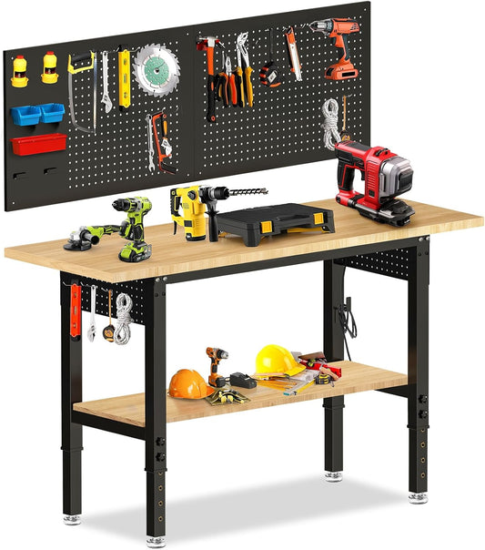 Adjustable Height Workbench, Heavy Duty Table Rubber Wood Workstation with Power Outlet & Pegboard for Garage, Office, Workshop, Home,Commercial (60"×22"|Shelf)