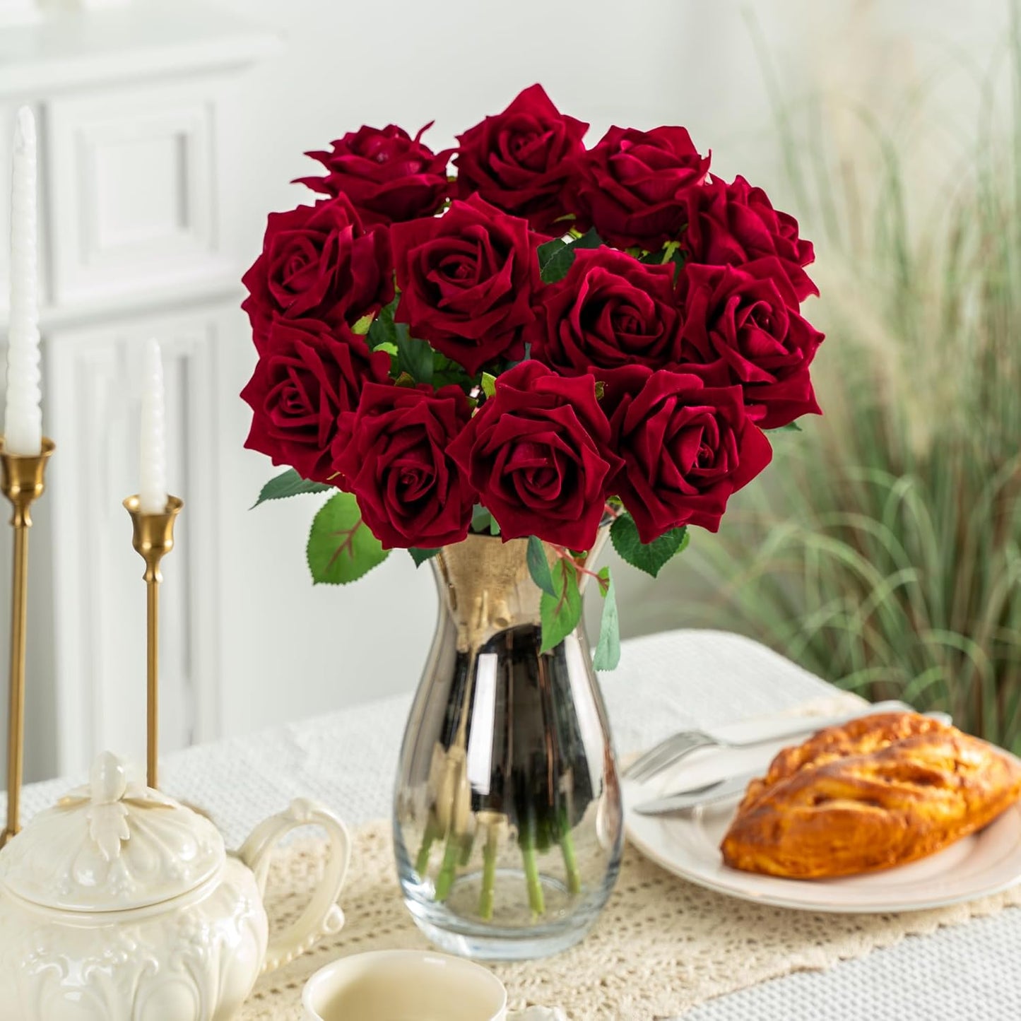 Fake Roses Faux Flowers Silk Roses Artificial Roses with Stems Realistic Artificial Flowers Suitable for Indoor Home Decoration DIY Bouquet Wedding Decor Party Decor 16.5In (12PCS, Red)