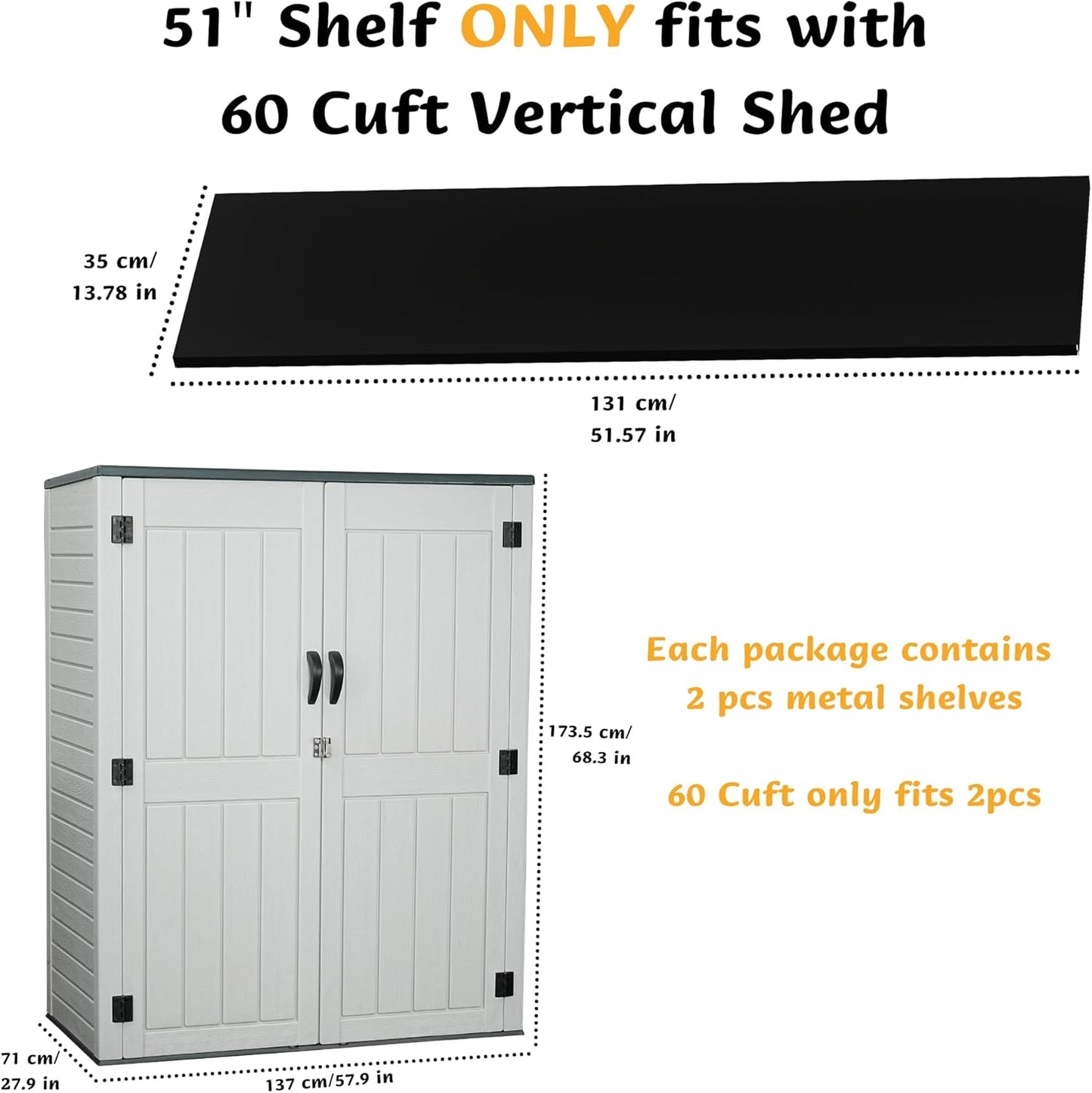 Vertical Resin Storage Shed with 2 Shelves, 60 Cuft Garden Tool Sheds & Outdoor Storage, Plastic Outdoor Storage Cabinet Waterproof, 4.5 x 2.3 ft Backyard Outside Lawn Mower Storage Shed, White
