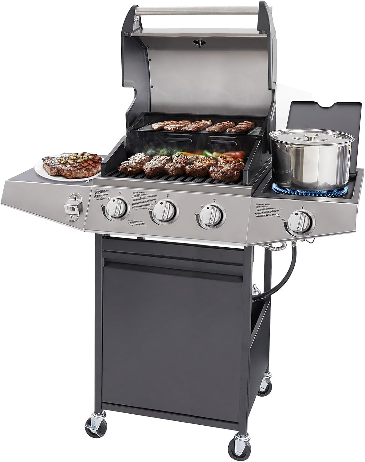 Unovivy 3-Burner Propane Gas Grill with Side Burner, Portable BBQ Grills with Oil Tray and Built-in Thermometer for Outdoor Barbecue, Camping, Patio, Backyard, 39,650 BTU