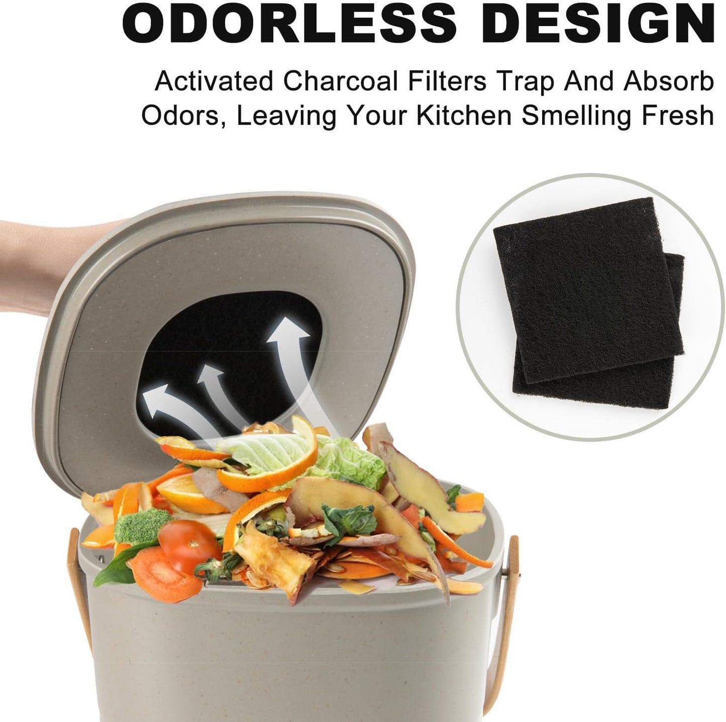 Compost Bin Kitchen, LALASTAR Countertop Compost Bin with Lid, Made of Sustainable Bamboo Fiber, Odorless Indoor Compost Bucket, 1 Gallon, Grey, Square