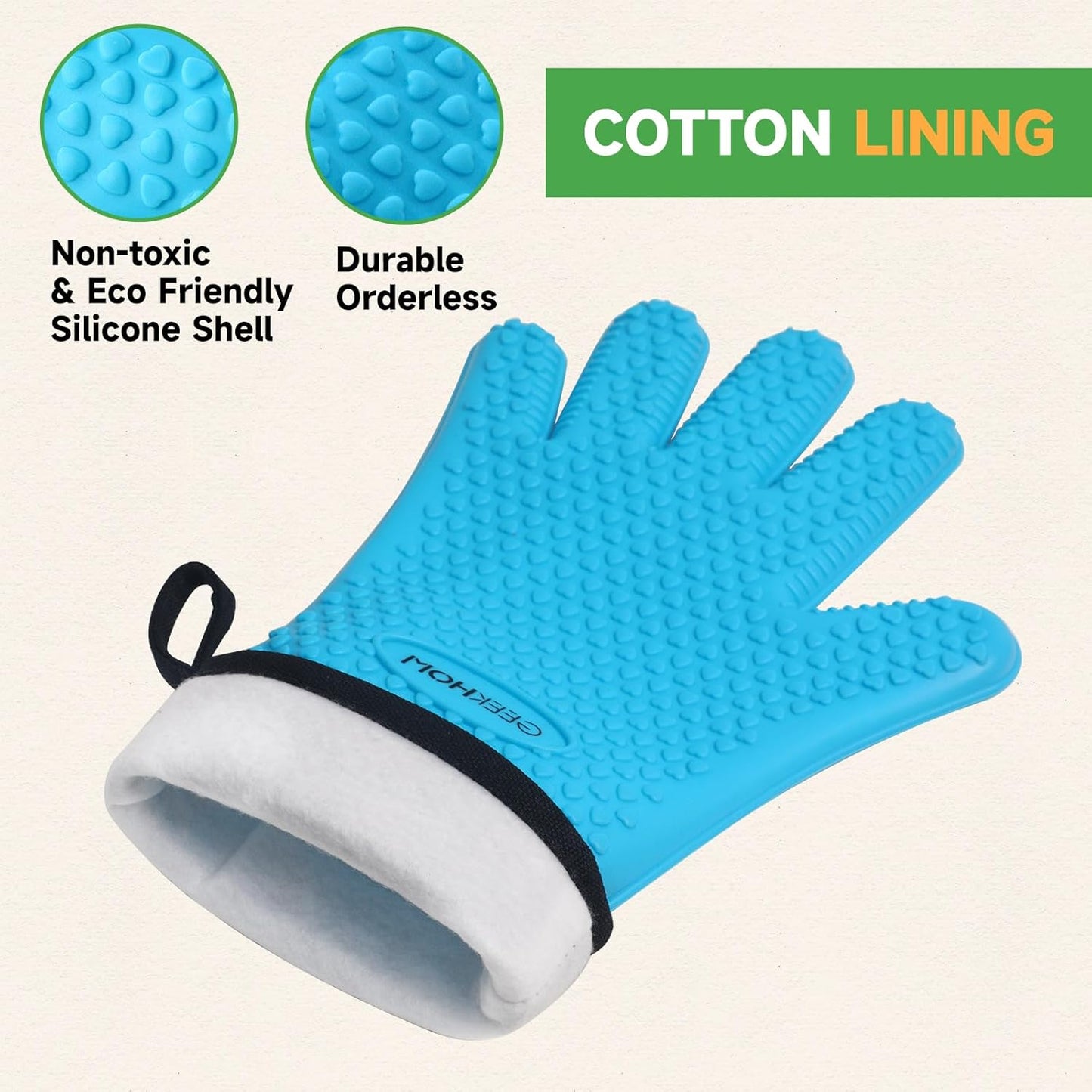 GEEKHOM BBQ Gloves Heat Resistant Oven Mitts - Silicone Grilling Gloves with 14" Long Arm Protection - Waterproof Pot Holder Non-Slip for Men & Women, Kitchen Cooking, Baking, Camping, Blue