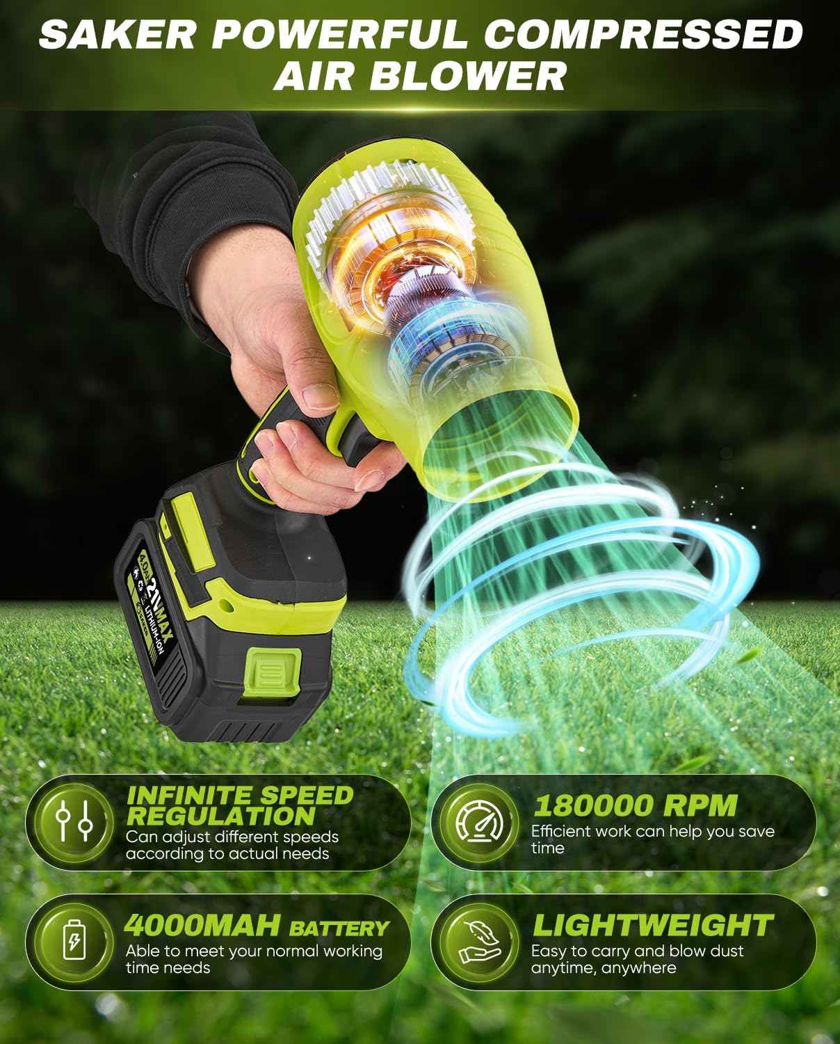 Saker Cordless Leaf Blower Portable Dust Cleaner Handheld Blowers 2 x 4.0Ah Batteries 180000 RPM Air Duster with Adjustable Speed for Drying Patio Cleaning Green