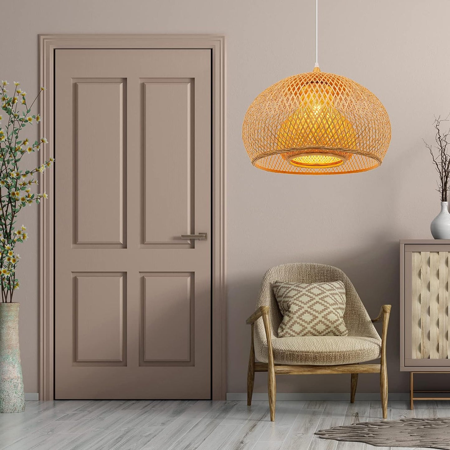 Arturesthome 1 Light Weaving Bamboo Pendant Light for Kitchen Island,17.6" Wicker Chandelier,Handmade Woven Hanging Ceiling Light for Living Room Bedroom