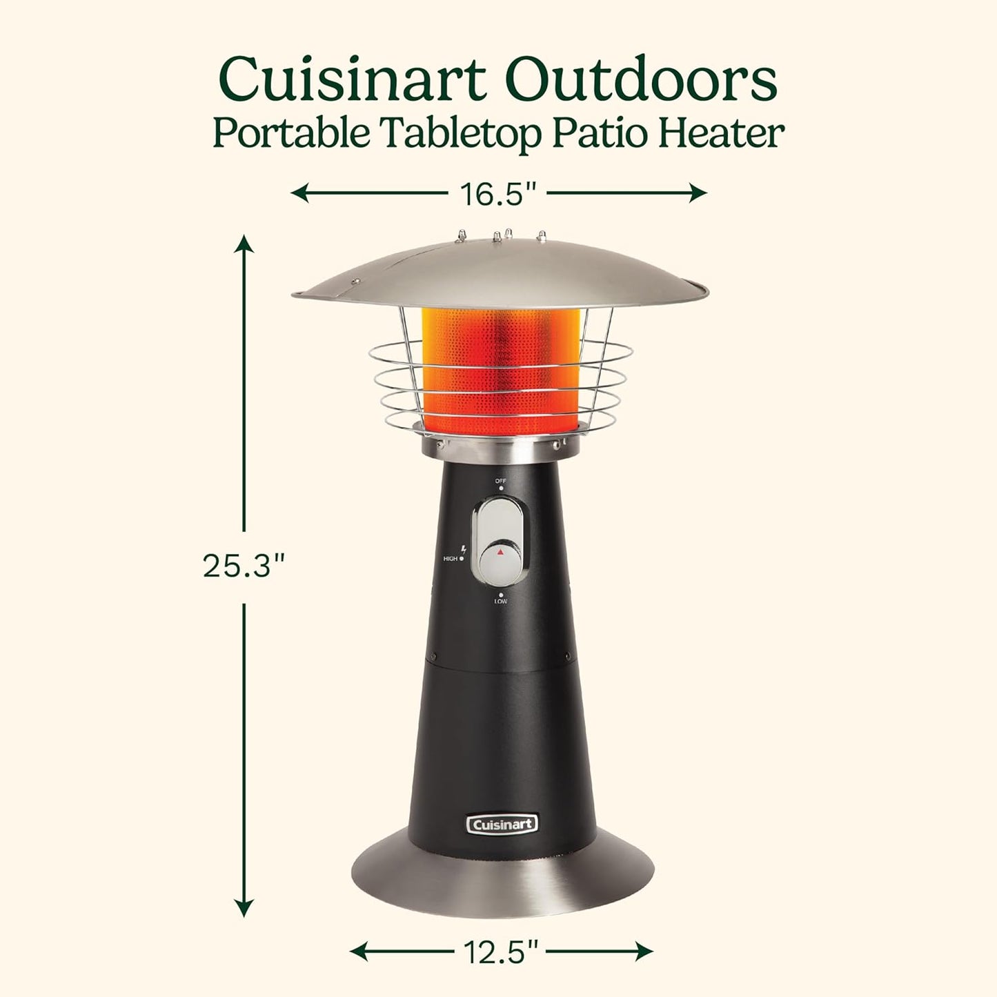 Cuisinart Portable Tabletop Patio Heater, 11,000 BTU Outdoor Propane Heater with Safety Tilt Switch and Adjustable Heat, Burner Screen Guard, 30 sq. Foot Heat Range, Black