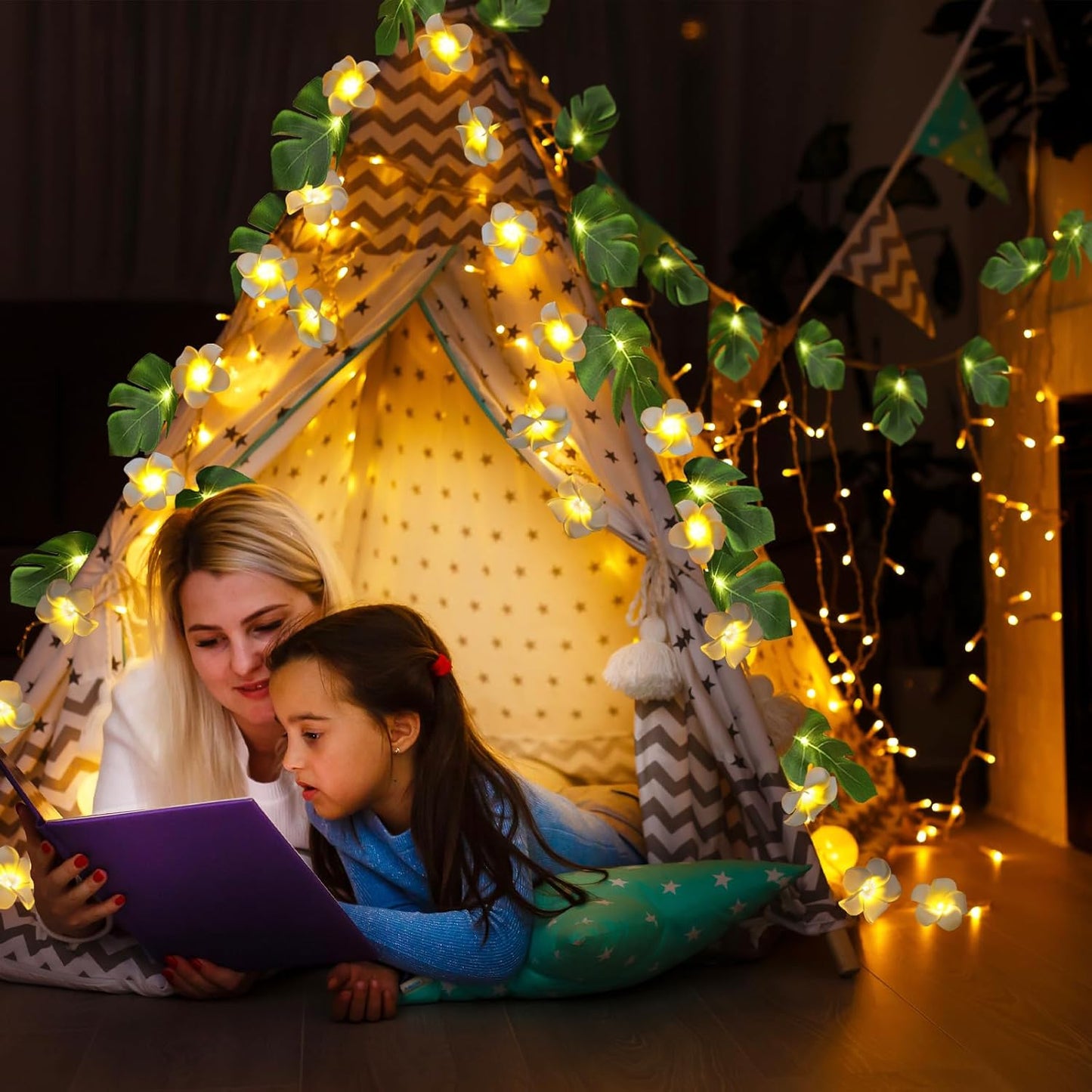 RECUTMS Monstera Leaf String Lights Artificial Foam Plumeria Tropical Palm Leaves Flower 40 LED Battery Operated Fairy Light Hawaiian Luau Beach Party Summer Decorations Outdoor Indoor(White+Green)