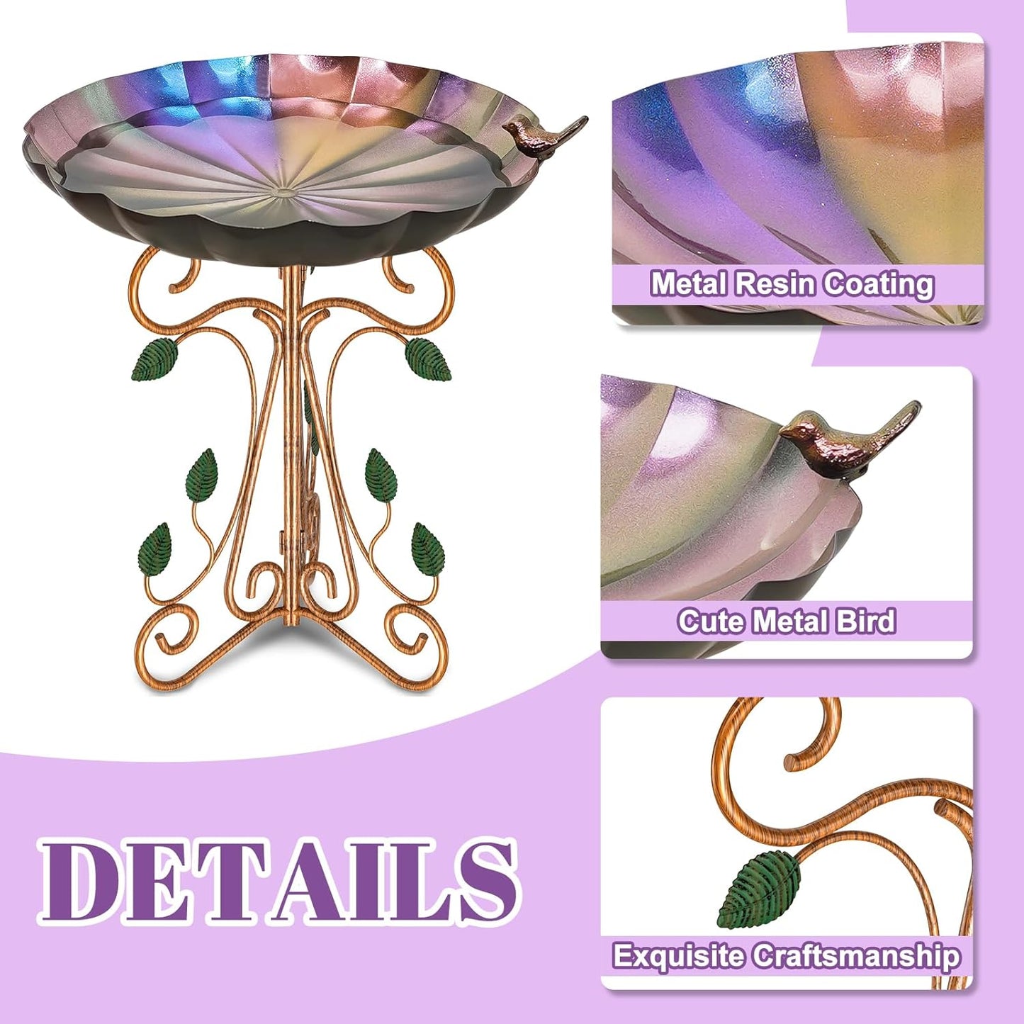 13" Diameter Vintage Metal Bird Bath, Birdbaths with Cast Iron Pedestal, Large Antique Bird Feeder for Outdoors Garden Patio Decor (Colorful Gradient)