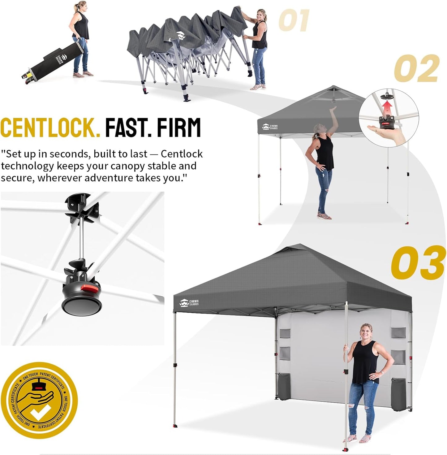 CROWN SHADES Canopy Tent 10x10 Pop Up Canopy Outdoor Shade with Pockets Sidewall, Easy Up Sun Shelter with One Person Set Up Center Lock, Portable Instant Camping Beach Canopies Tents, Grid Grey