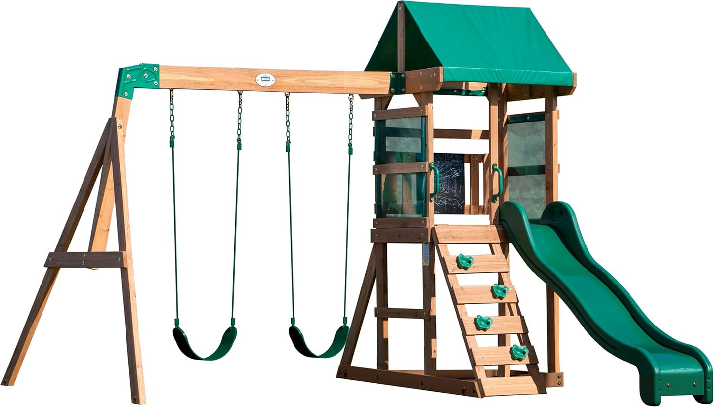 Backyard Discovery Buckley Hill Cedar Wood Swing Set with Wave Slide, Play Deck, Rock Wall Ladder, Belt Swings, Chalkboard, Canopy Roof, Outdoor Playset