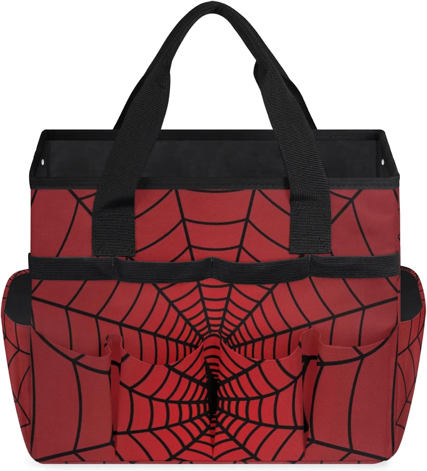 Spiders Web Red Gardening Tool Bag,Heavy Duty Garden Tote Bag,Portable Oxford Gardening Storage Basket Organizer Handbag with Pockets Handle,Hand Tools Gifts for Outdoor Garden Lawn
