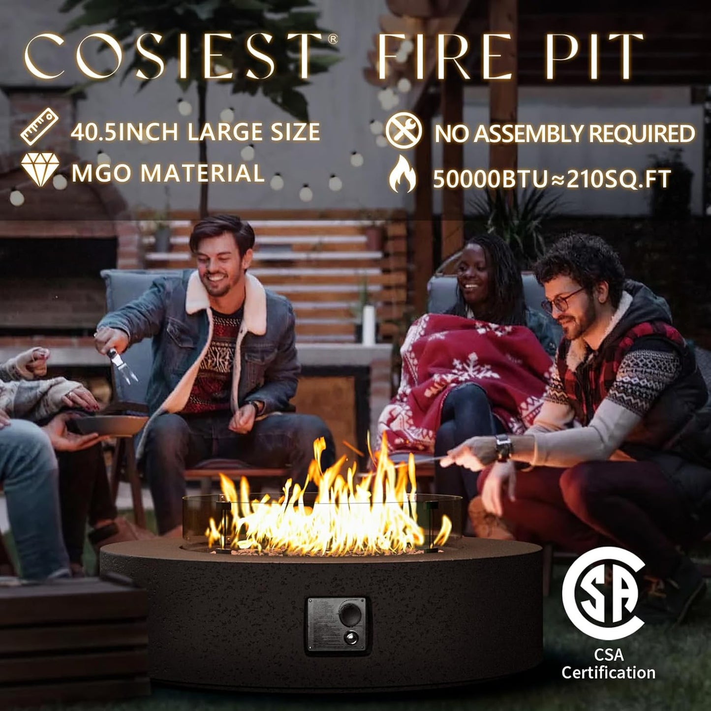 COSIEST 42 inch Outdoor Propane Fire Pit Coffee Table w Concrete Round Base Patio Heater, CSA Certified, 50,000 BTU Stainless Steel Burner, Free Lava Rocks, Rain Cover, Wind Guard, Tank Cover