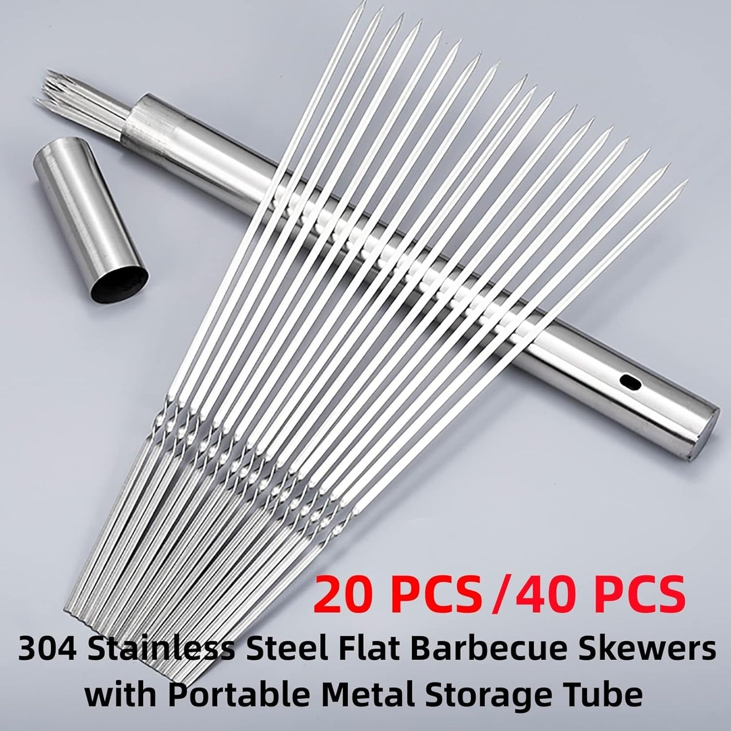 304 Stainless Steel 14.8" Long Flat Barbecue Skewers,20PCS/40PCS BBQ Kebab Skewers with Portable Metal Storage Tube,Reusable for Grilling Barbecue Kitchen Party and Outdoor Cooking (20PCS)