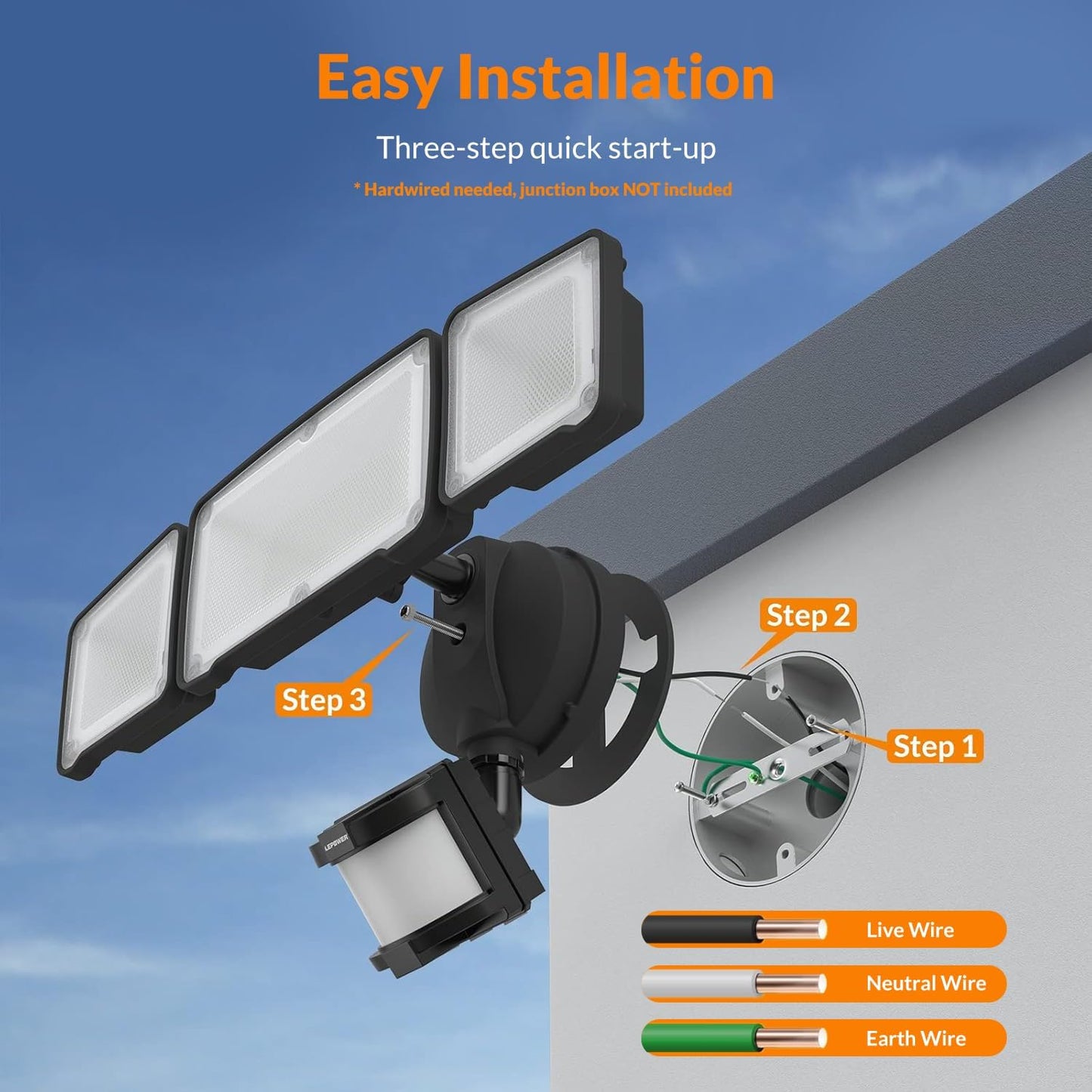 LEPOWER LED Motion Sensor Security Lights, 3 Head Motion Detected, 38W, 4200LM, Waterproof IP65, 5500K, Full Metal for Outdoor, Garage, Porch, Yard (Not Solar Powered, Black)