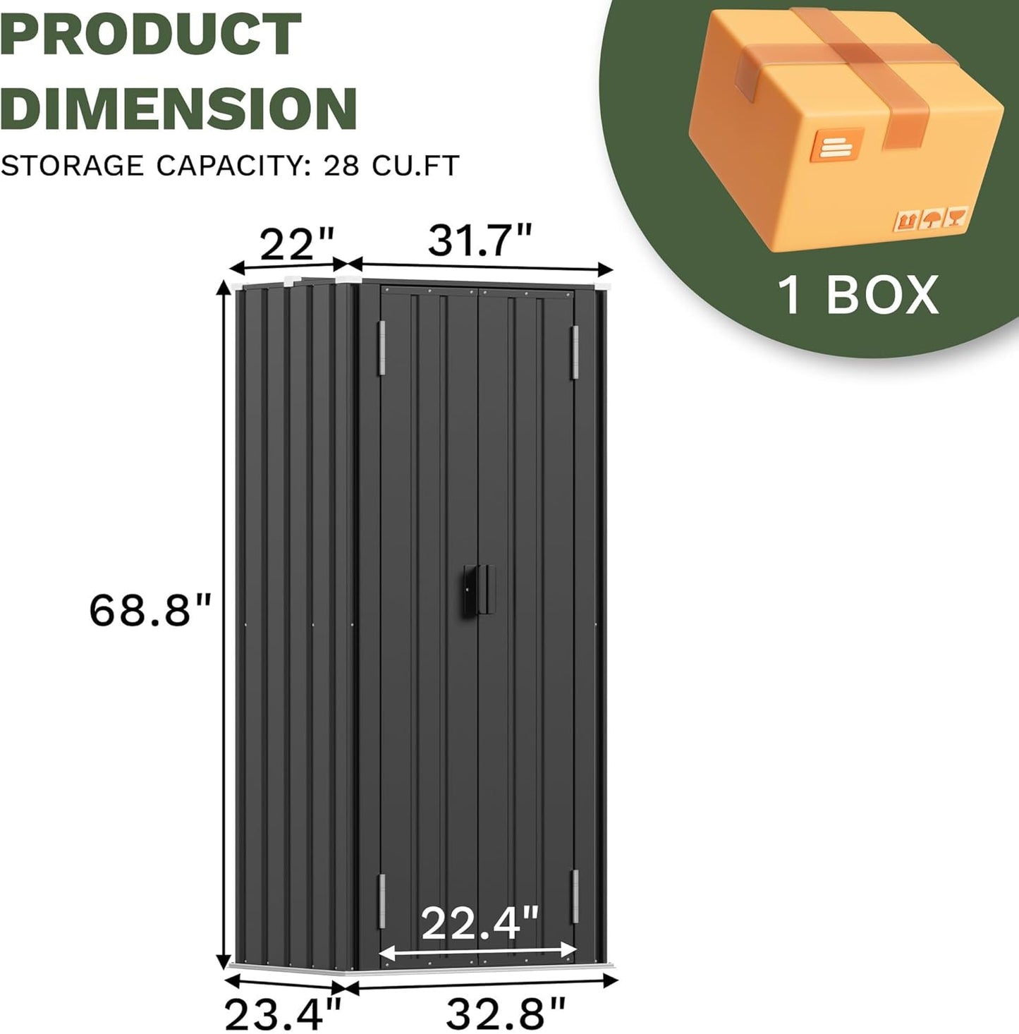 Patiowell 28 Cuft Outdoor Storage Cabinet with Lockable Door, Metal Storage Shed with 3 Adjustable Shelves, Indoor Outdoor Vertical Waterproof Tool Shed for Backyard Garden Patio Lawn, Black