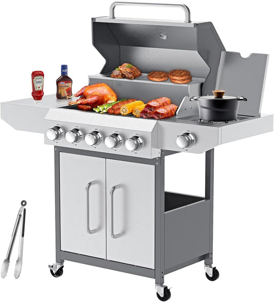 Llamaviva 68,000 BTU 5-Burner Propane Gas Grill with Side Burner & Food Clip | Professional Stainless Steel Outdoor BBQ Grill | 647 sq in Cooking Space + Warming Rack | Patio Cart Design for Backyard