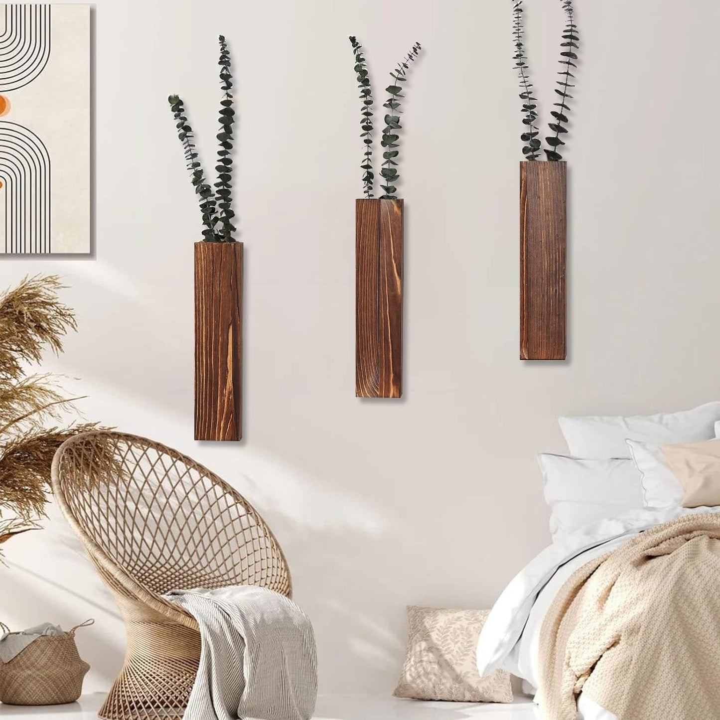 Wooden Wall Planter Set of 3 - Modern Home Decor for Living Room, Bedroom, Bathroom - Walnut Finish Planter for Dried Flowers, Faux Greenery, Indoor Plants