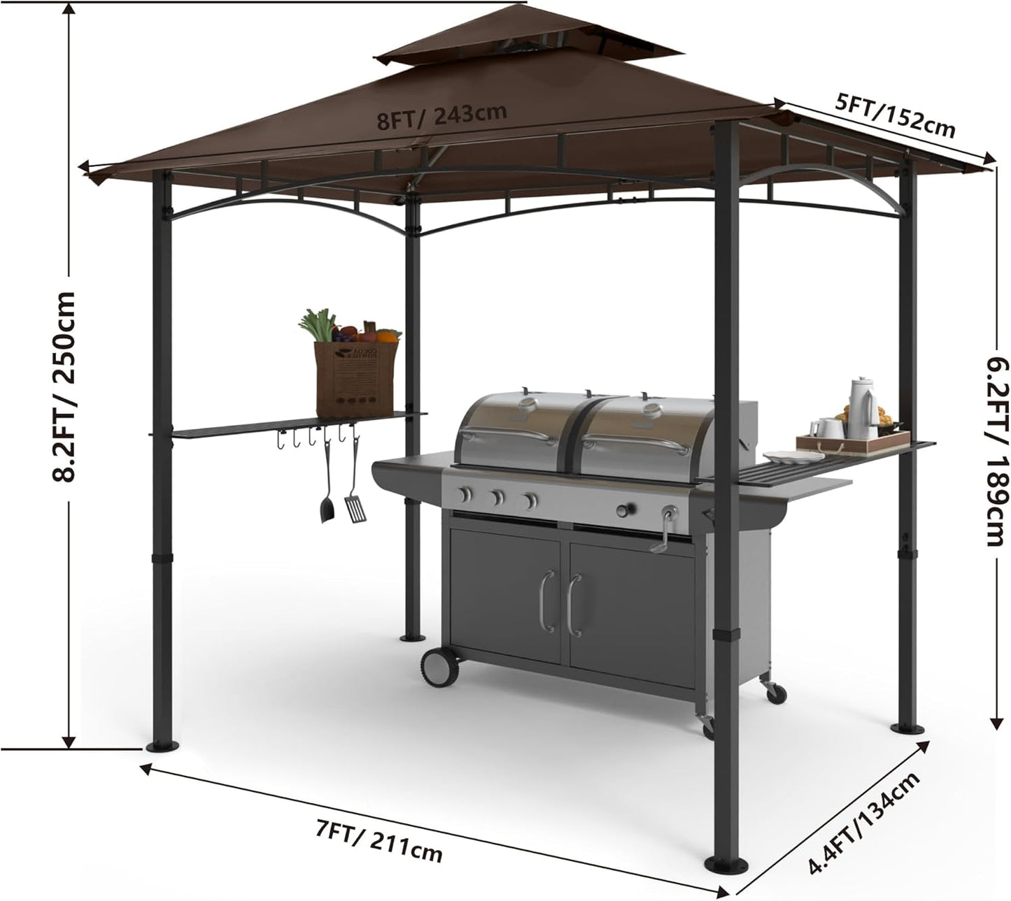 COOSHADE 8'x 5' Grill Gazebo Double Tiered Outdoor BBQ Gazebo Canopy with LED Light (Brown)