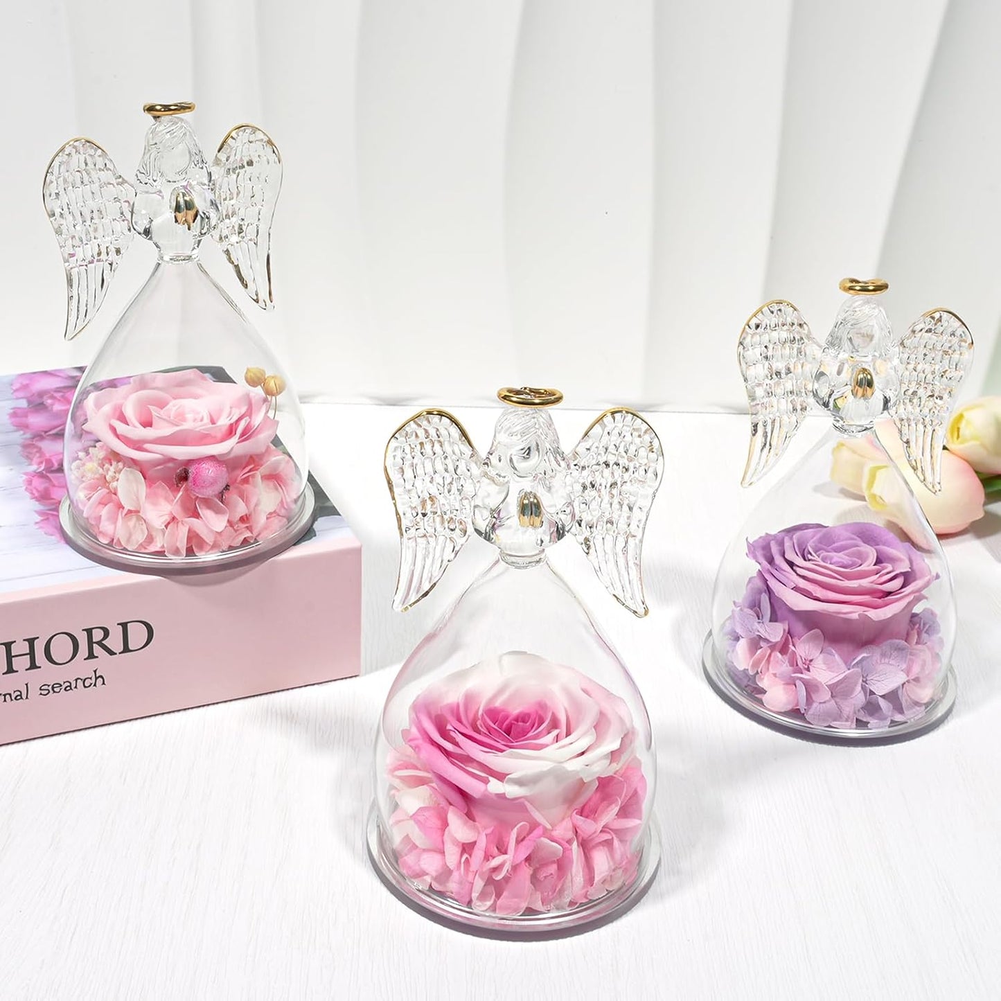 Yamonic Birthday Gifts for Women, Angel Figurines with Real Rose Gifts for Her Mom Grandma,Preserved Flowers Rose Gifts for Christmas Anniversary Birthday Gifts for Her (White+Pink)
