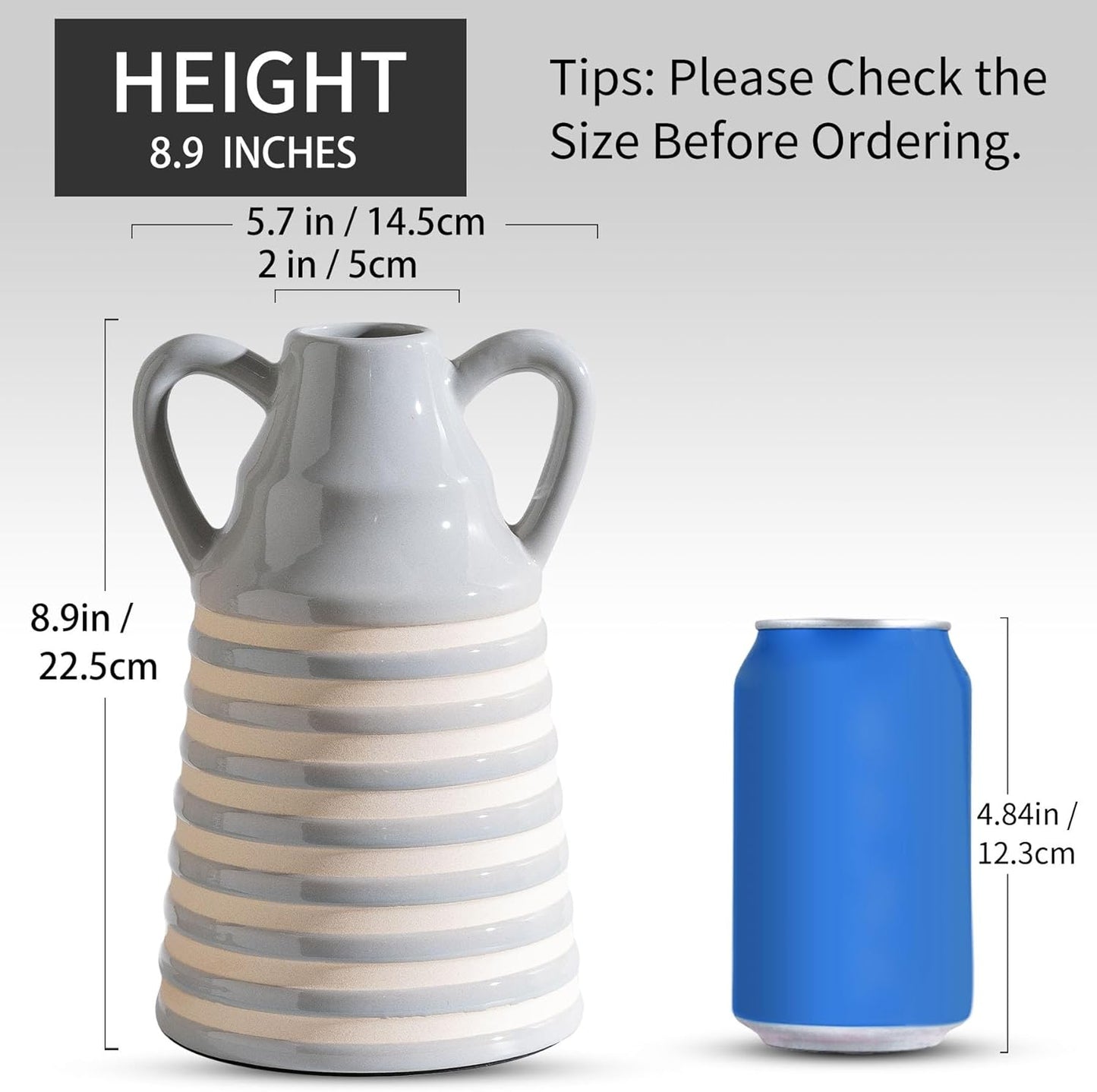 Ceramic Grey and White Checkered Stripes Vase with Handles, Hand-Painted Modern Bohemian Floral Vases Home Decor, Cottage Core Decor, Flower Vases for Bouquet Tabletop Bedroom Office Bookshelf 8.9 in