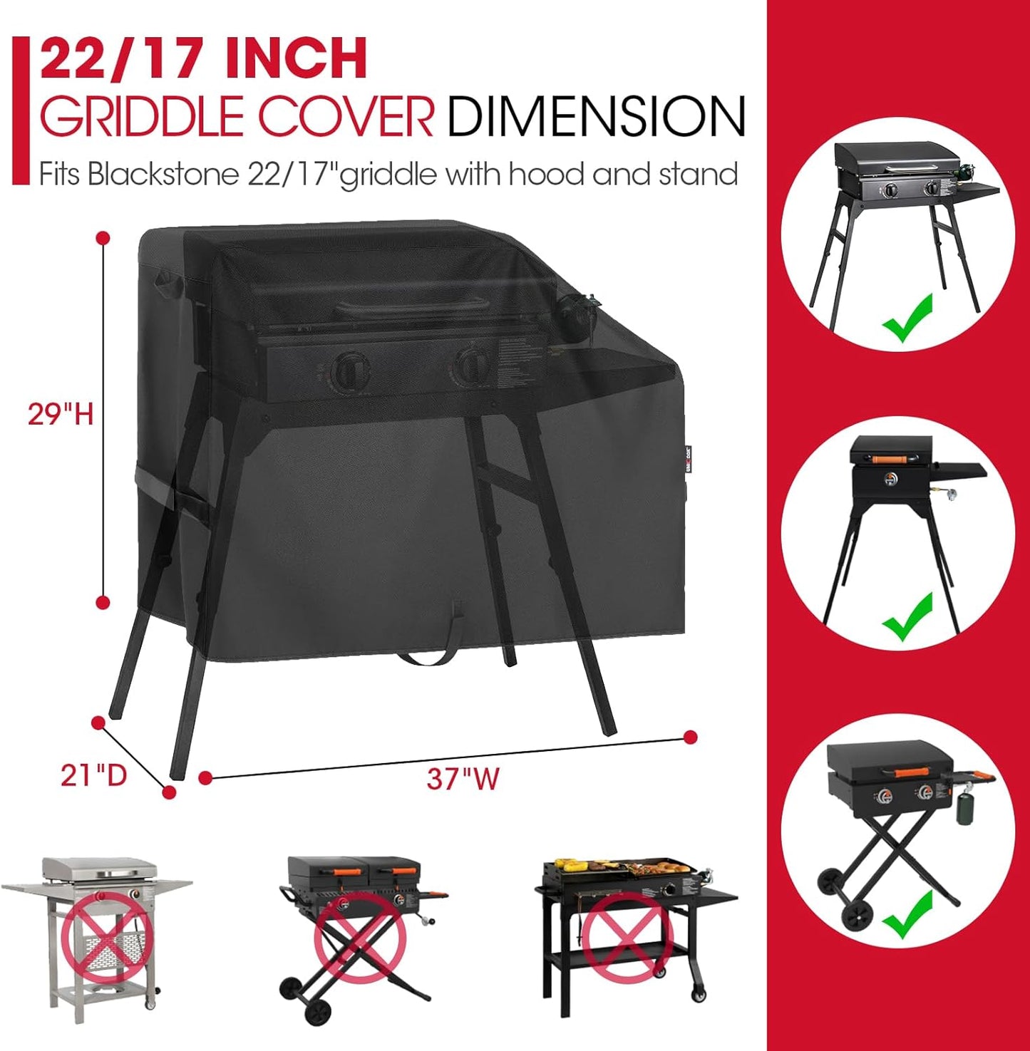 Unicook Griddle Cover for Blackstone 22 Inch and 17 Inch Griddle with Hood and Stand, Heavy Duty Waterproof Outdoor BBQ Grill Cover with Sealed Seam, Black