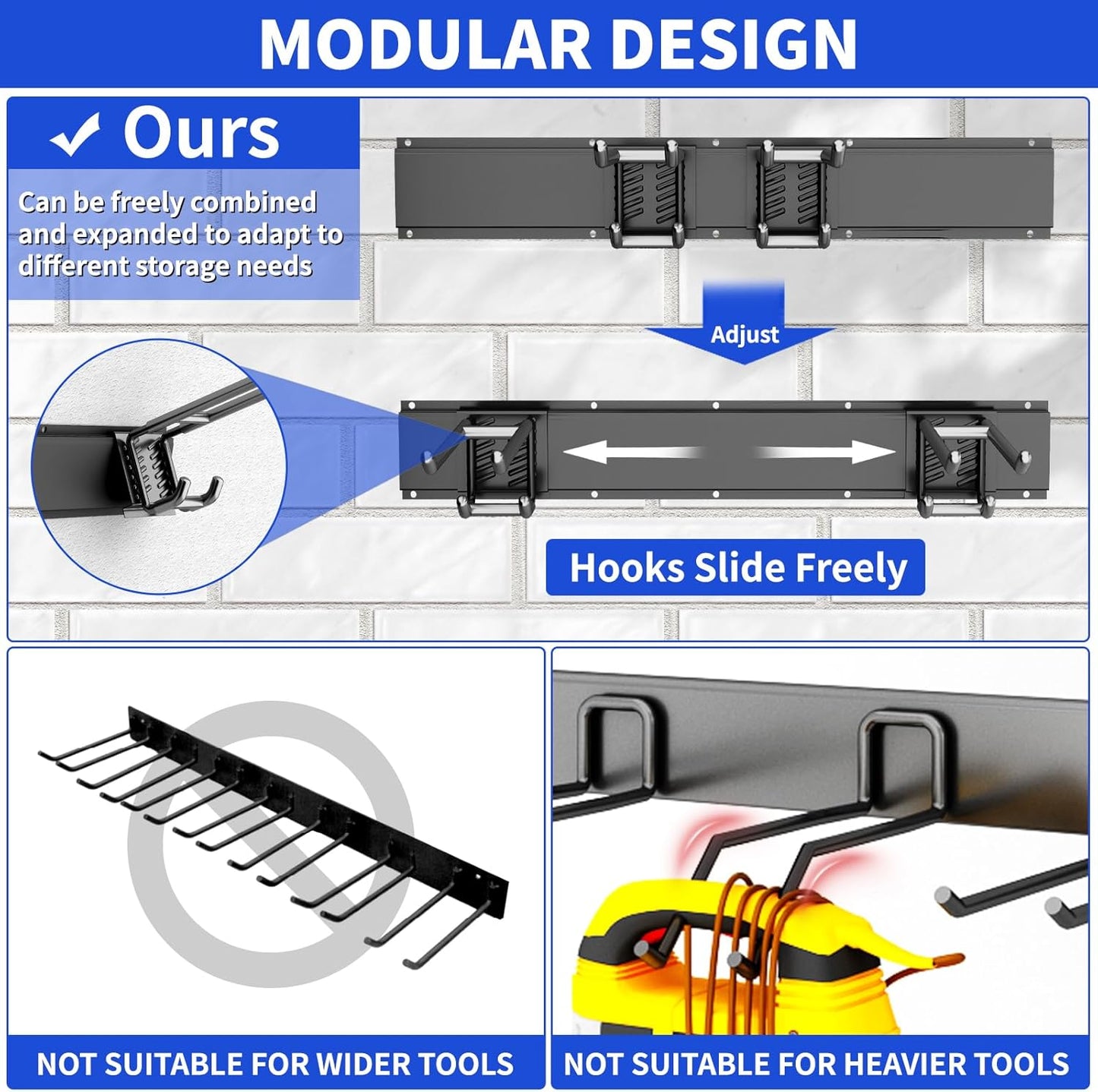 Garage Organization Tool Organizer Wall Mount, 48inch Heavy Duty Garden Tool organizer Storage System, Easy Install With 6 Adjustable Bilayer Hooks, For Garage, Basement, Shed, Workshop(Black)