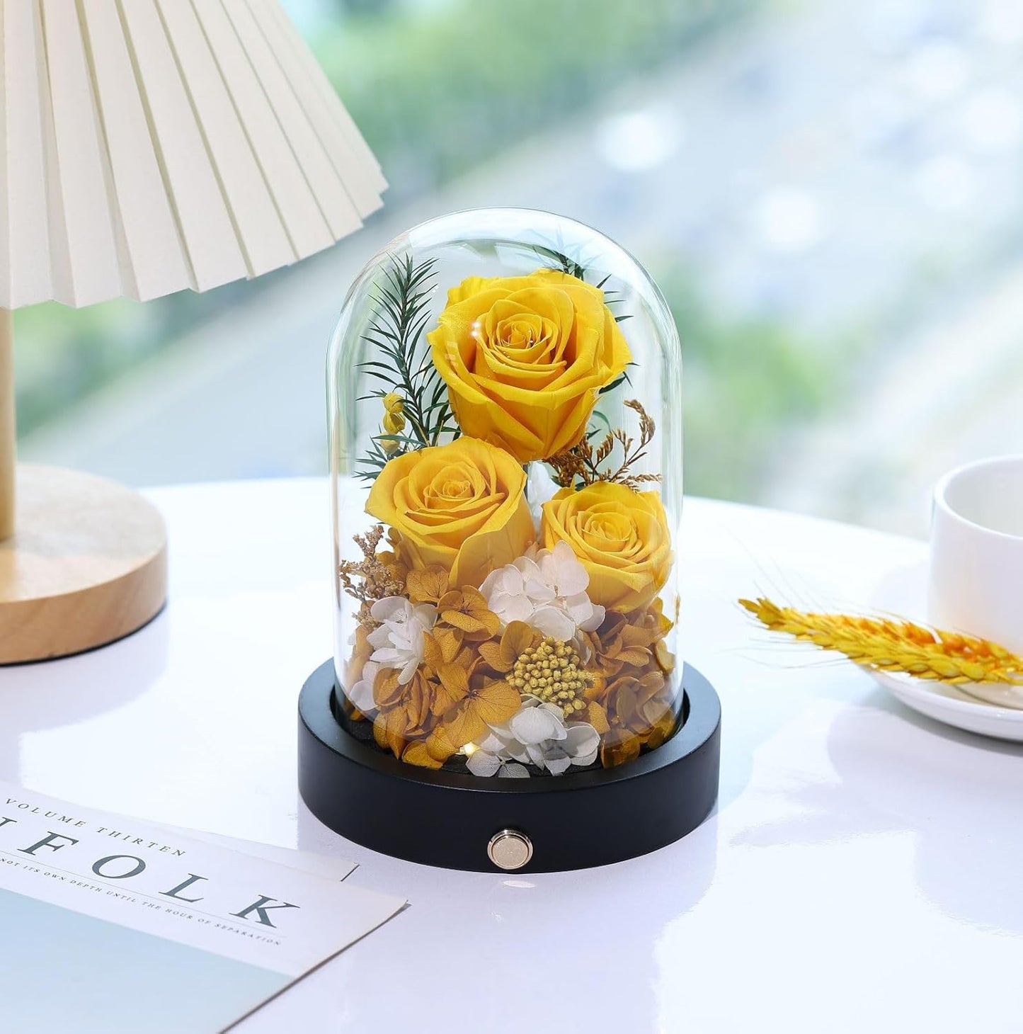 Flowers for Delivery, 3 Yellow Forever Roses in Glass Dome with LED, Preserved Real Rose, Valentines Day Anniversary Birthday Mothers Day Flower Gifts for Mom Her Women Wife Mother