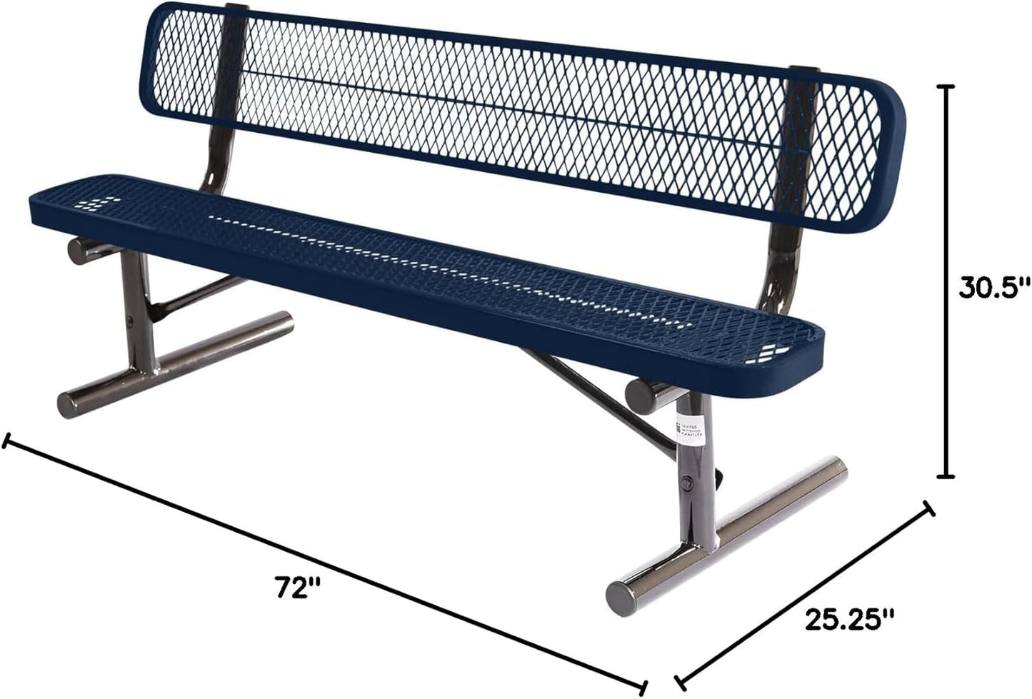 Heavy-Duty Portable Outdoor Bench Thermoplastic Coated, Expanded Metal, Commercial-Grade Seating, Made in America (Portable with Back, 6 Ft, Textured Dark Blue)