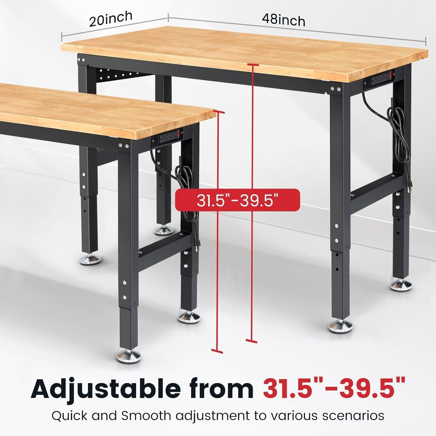 Workbench with Pegboard 48 Inch Work Bench for Garage Adjustable Height Rubberwood Tabletop Garage Workbench with Power Outlet for Woodworking, Home, Office, Workshop
