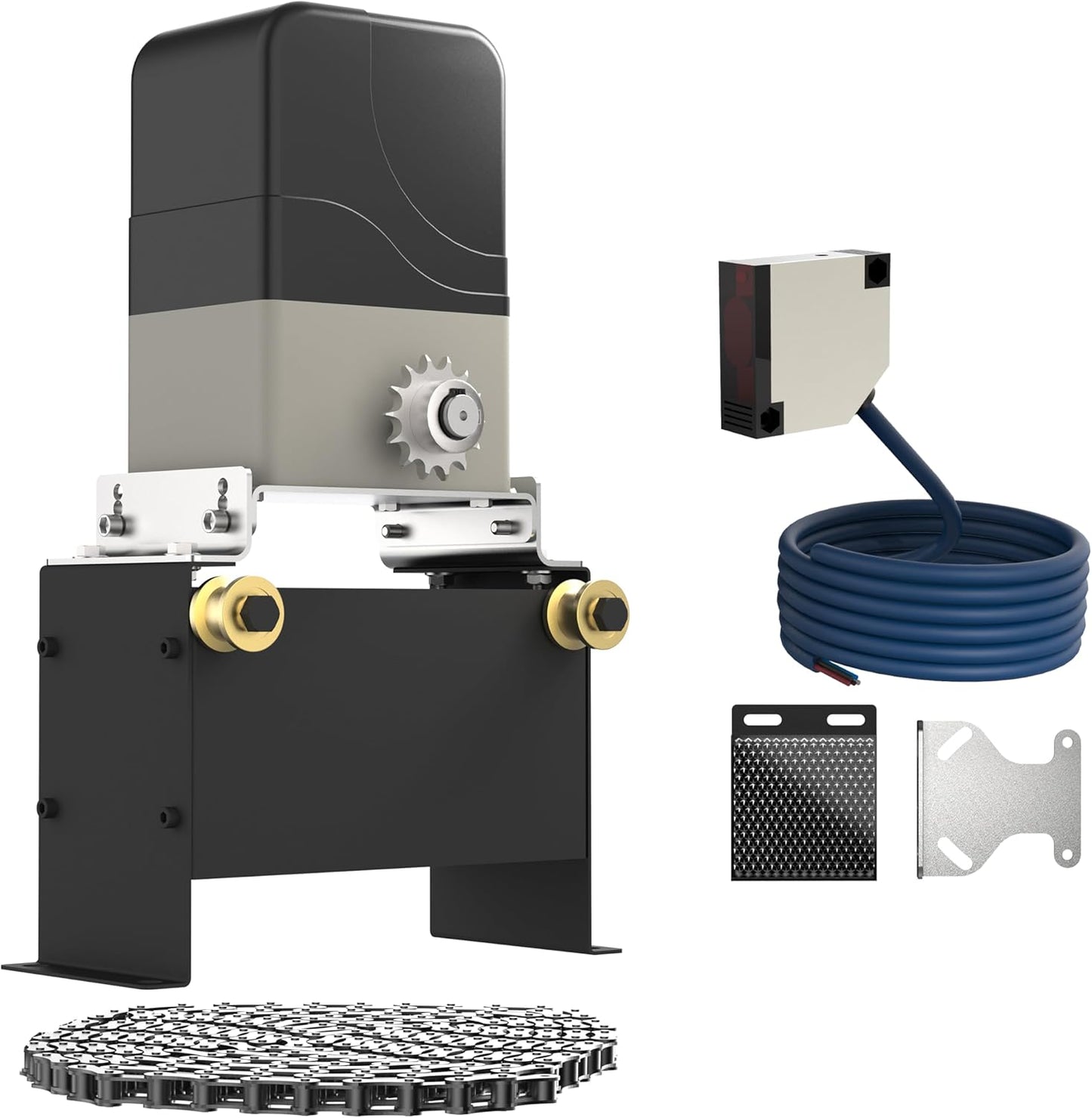 Blütezeit 1100lb Sliding Gate Opener with 13ft Retro-Reflective Photoelectric Beam Sensor | Chain Drive Motor with 2 Remotes, 16.4ft Chains & Wall-Mounted Safety Reflector Switch