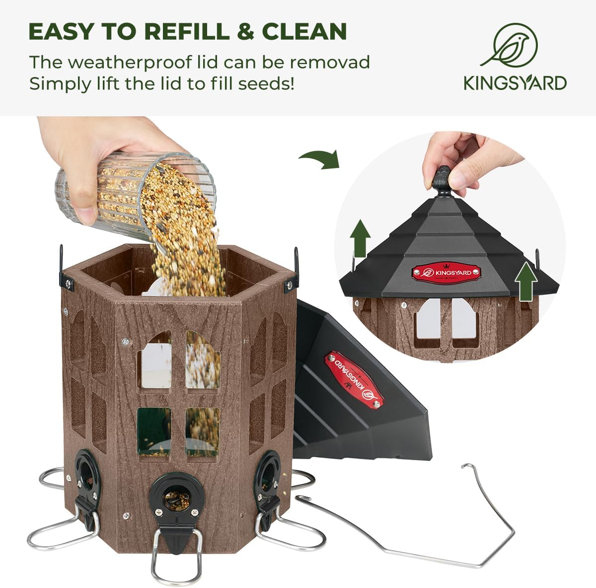Kingsyard Wild Bird Feeder for Outdoor Hanging, Recycled Plastic Bird Feeders with 6 Ports & U-Shape Perch, Garden Yard Outside Decoration, 3.5 lbs Seed Capacity, Brown