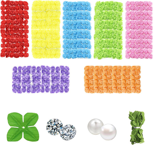 500 Pcs 0.6 Inch Mini Artificial Flowers Head Bulk 5 in 1 Set Faux Foam Fake Small Rose Tiny Baby Flores Bouquet Wreath Gift Hair Clip Home Decoration DIY Craft (7 Colors Mixed)