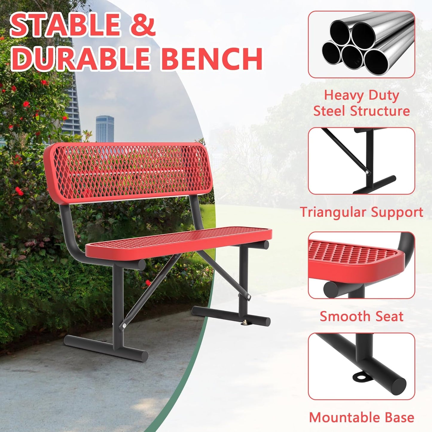 Heavy Duty Park Bench with Back Portable Frame, Outdoor Steel Bench with Backrest, Outdoor Park Bench Expanded Metal Mesh Bench for Lawn, Park, Deck, Garden, Patio, Porch, Black (Red, 4FT)