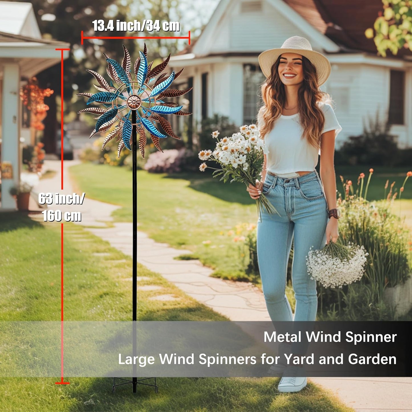 Large Outdoor Metal Wind Spinner,Two-Way Wind Sculptures,360 Degrees Kinetic Wind Spinners Yard Art Decor for Patio, Lawn & Garden 63 * 13.4 Inches
