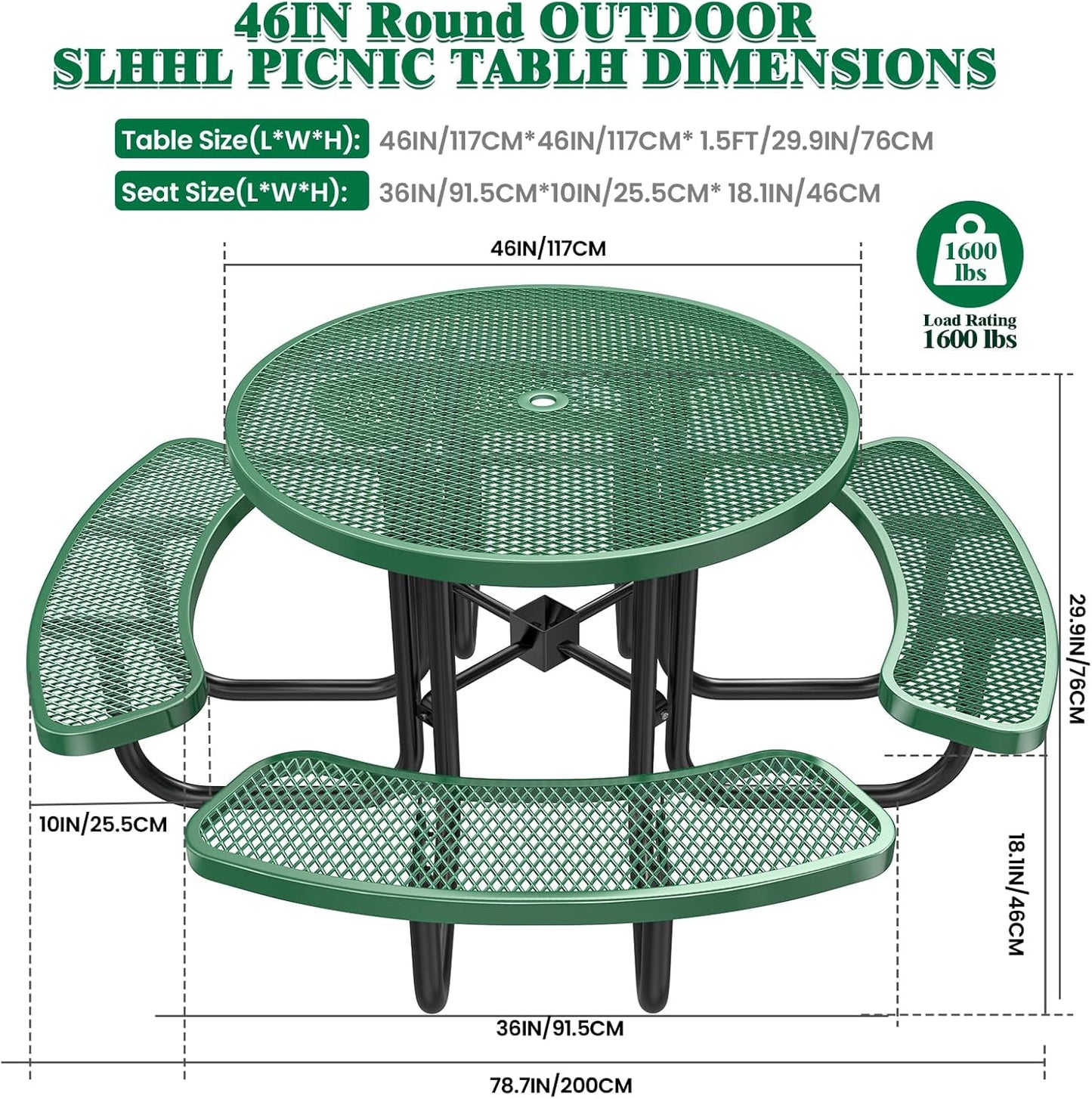 Heavy-Duty Park Bench or Table for Outside - Black Coated Outdoor Furniture Steel Bench, Commercial-Grade Outdoor Benches Weatherproof for Park, Patio, Porch (Green, 46” (Rd. Table))