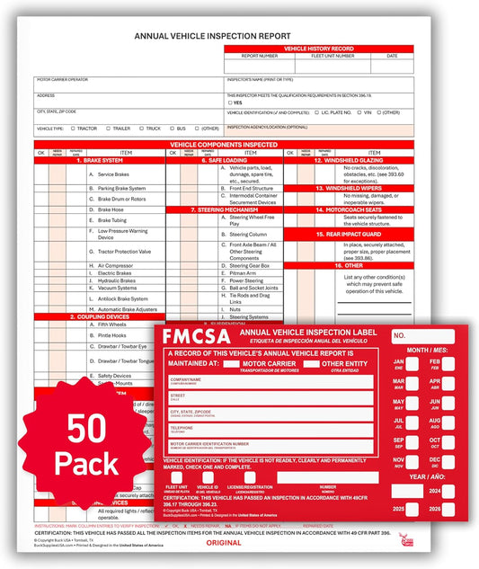 50 Pack 3-Ply Carbonless Annual Vehicle Inspection Report Forms with FMCSA Red Aluminum Adhesive Labels, DOT Inspection Forms and Stickers, Shrink-Wrapped, 8.5" x 11.75" - Made in USA