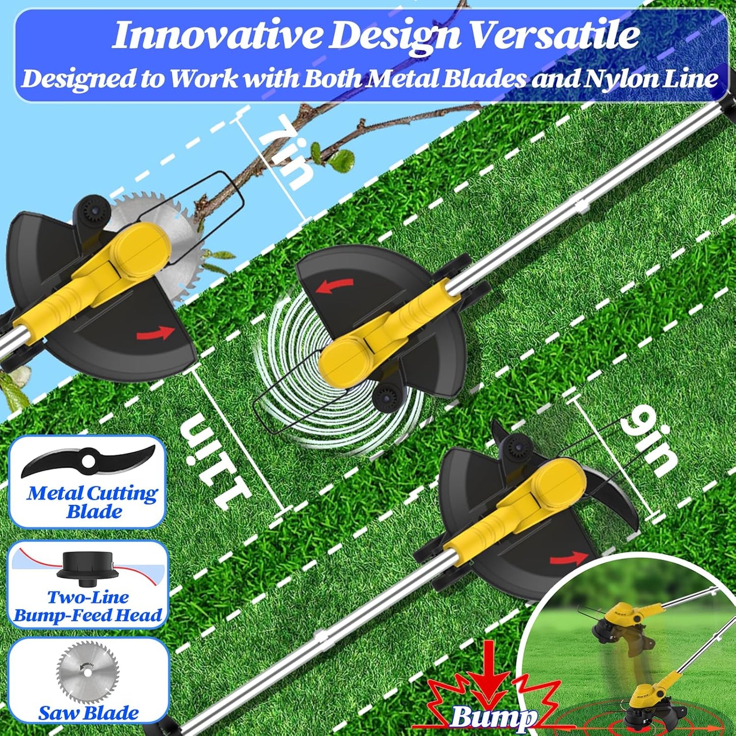20000 RPM(4.0AhX2) Electric Weed Wacker,Dual-Durable-Line,Metal Blades,Wheel,4-in-1 Battery Powered Weed Eater Cordless+String Trimmer+Edger Lawn Tool+Brush Cutter,Weed Whacker,Weed Trimmer Lawn